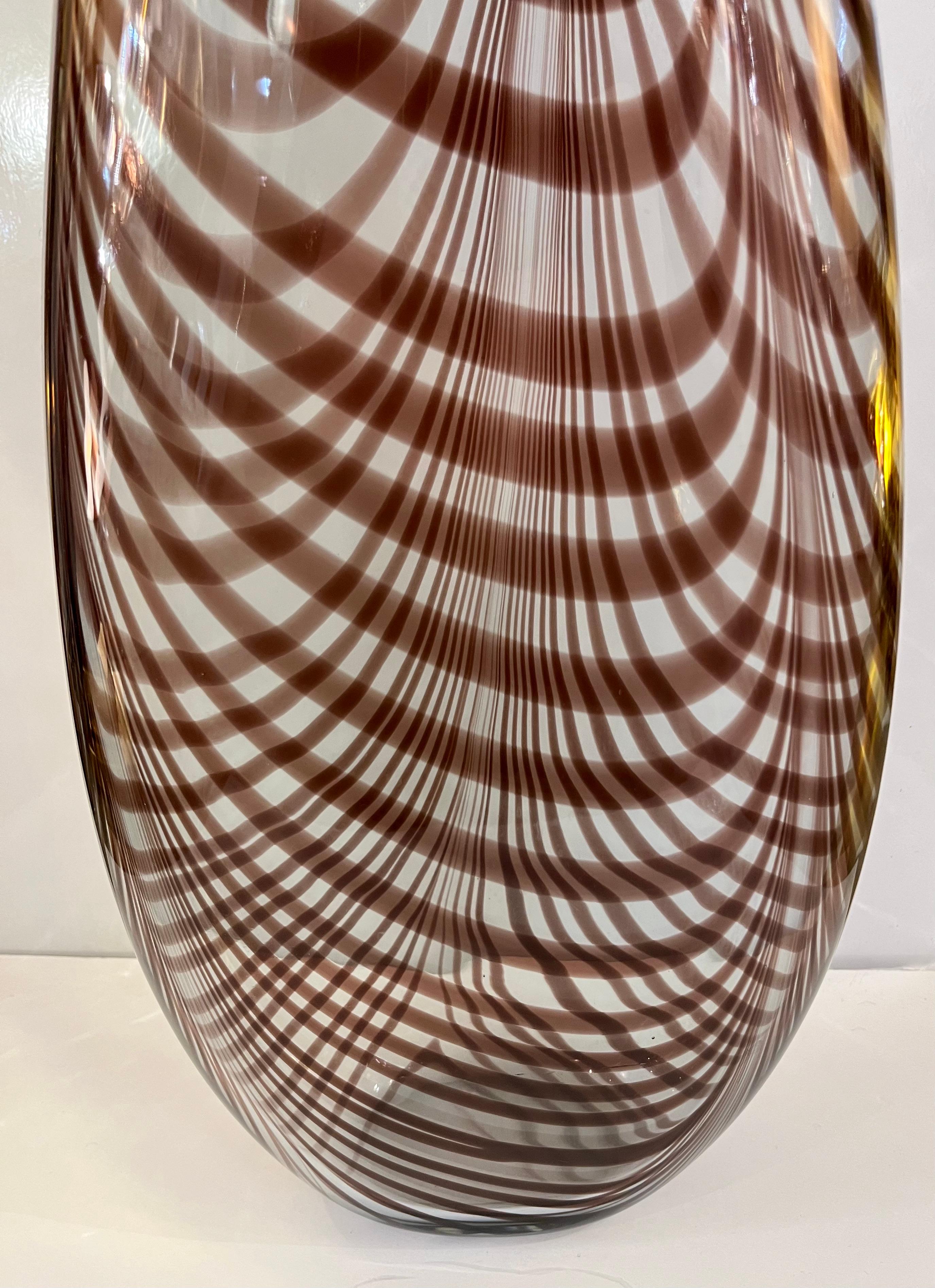 Late 20th Century Formia 1970s Feather Decorated Purple Brown Crystal Murano Art Glass Vase