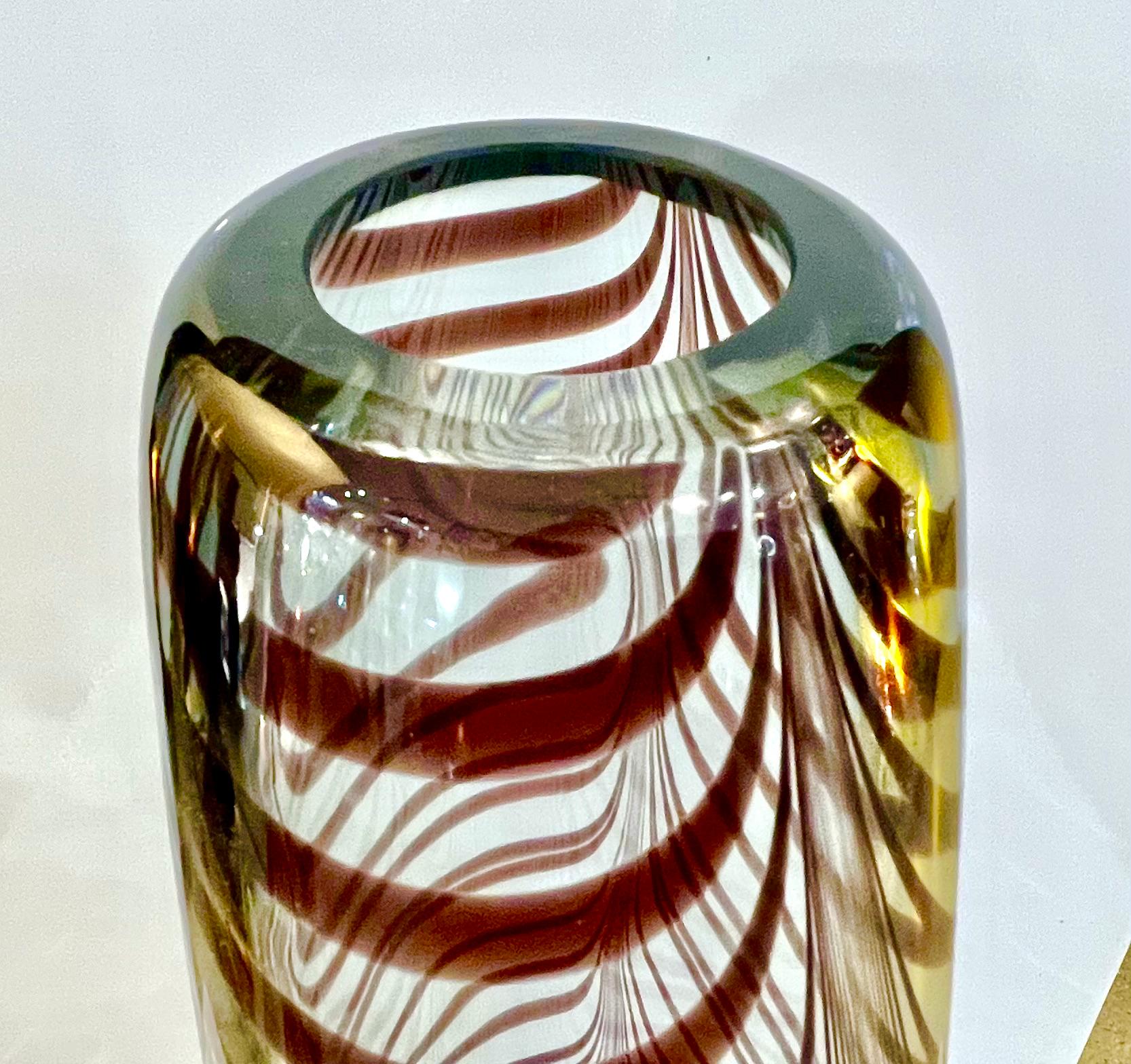 Late 20th Century Formia 1970s Feather Decorated Purple Brown Crystal Murano Art Glass Vase