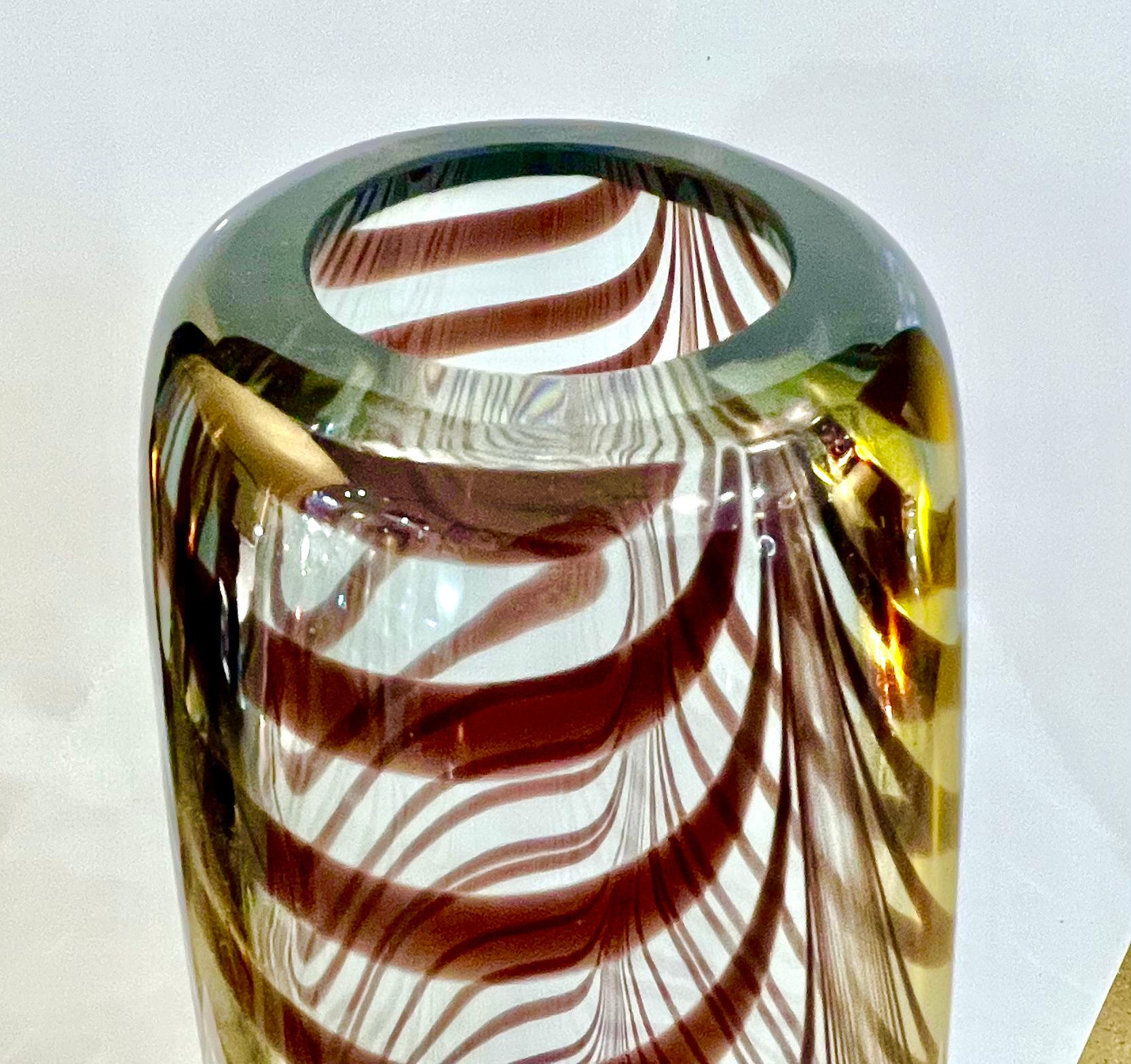 Late 20th Century Formia 1970s Feather Decorated Purple Brown Crystal Murano Art Glass Vase