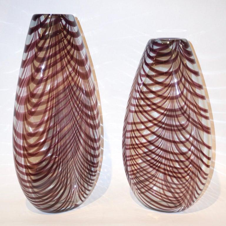 Thread Formia 1970s Feather Decorated Purple Brown Crystal Murano Art Glass Vase
