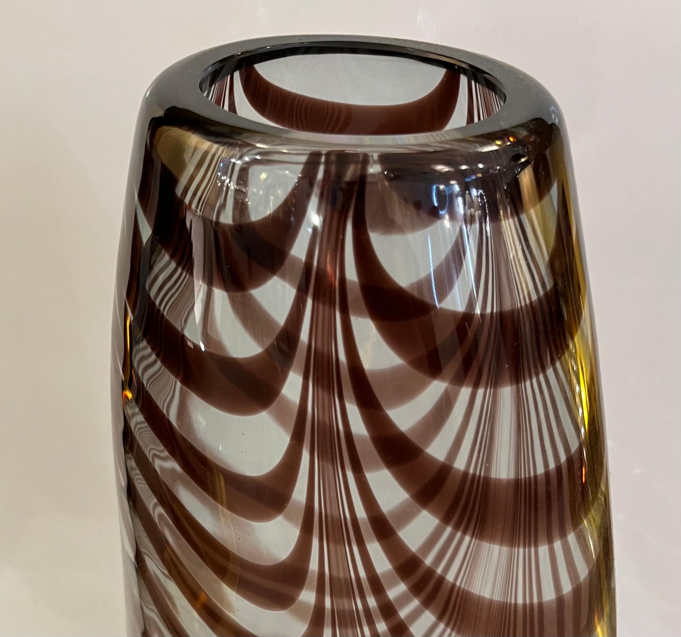 Formia 1970s Feather Decorated Purple Brown Crystal Murano Art Glass Vase 1
