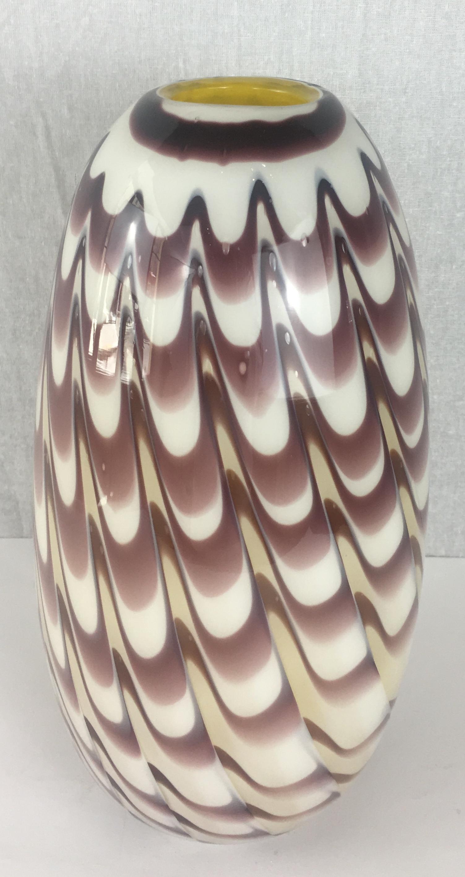 Organic Modern Formia 1970s Fenicio Feather Decorated Purple Brown Murano Art Glass Vase