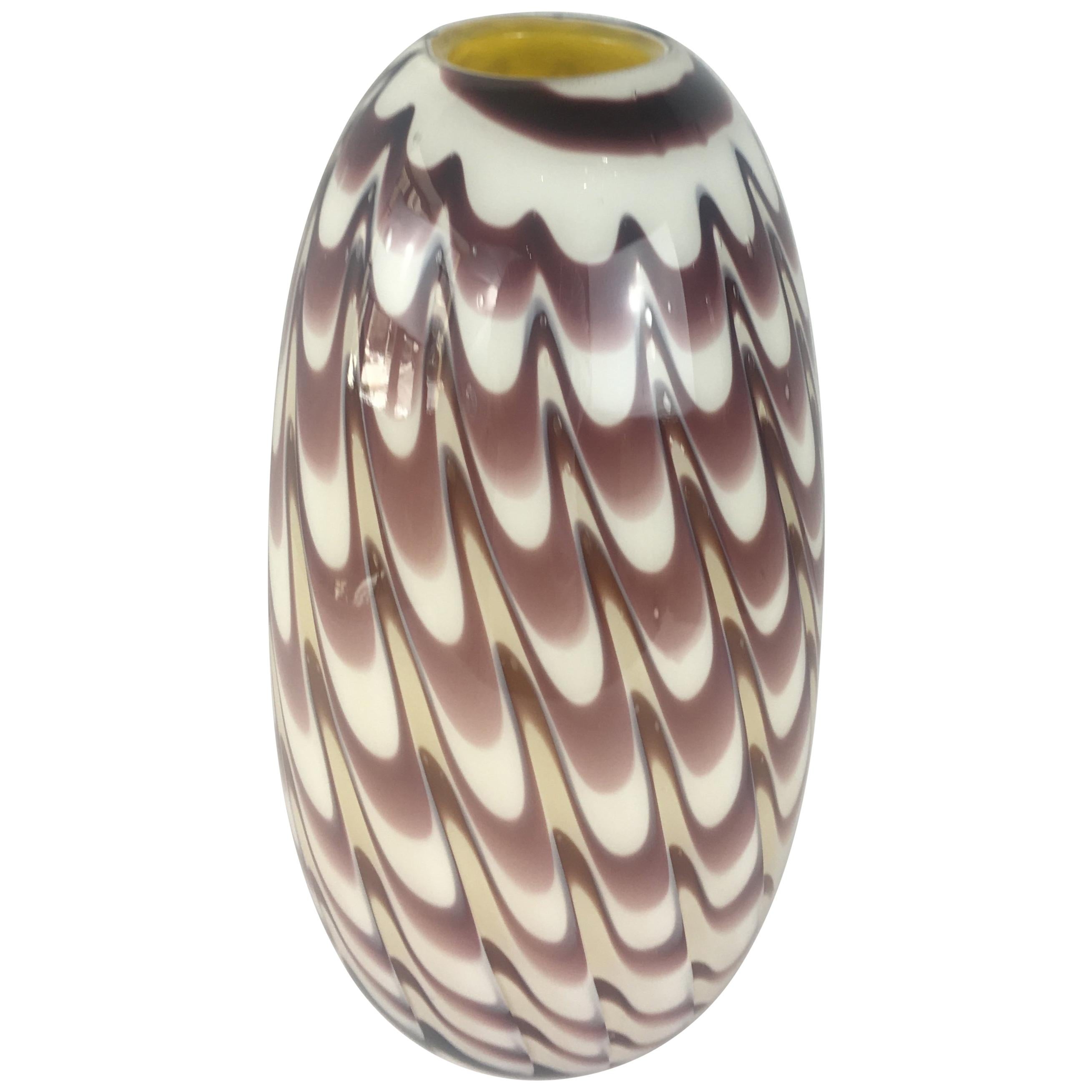Formia 1970s Fenicio Feather Decorated Purple Brown Murano Art Glass Vase