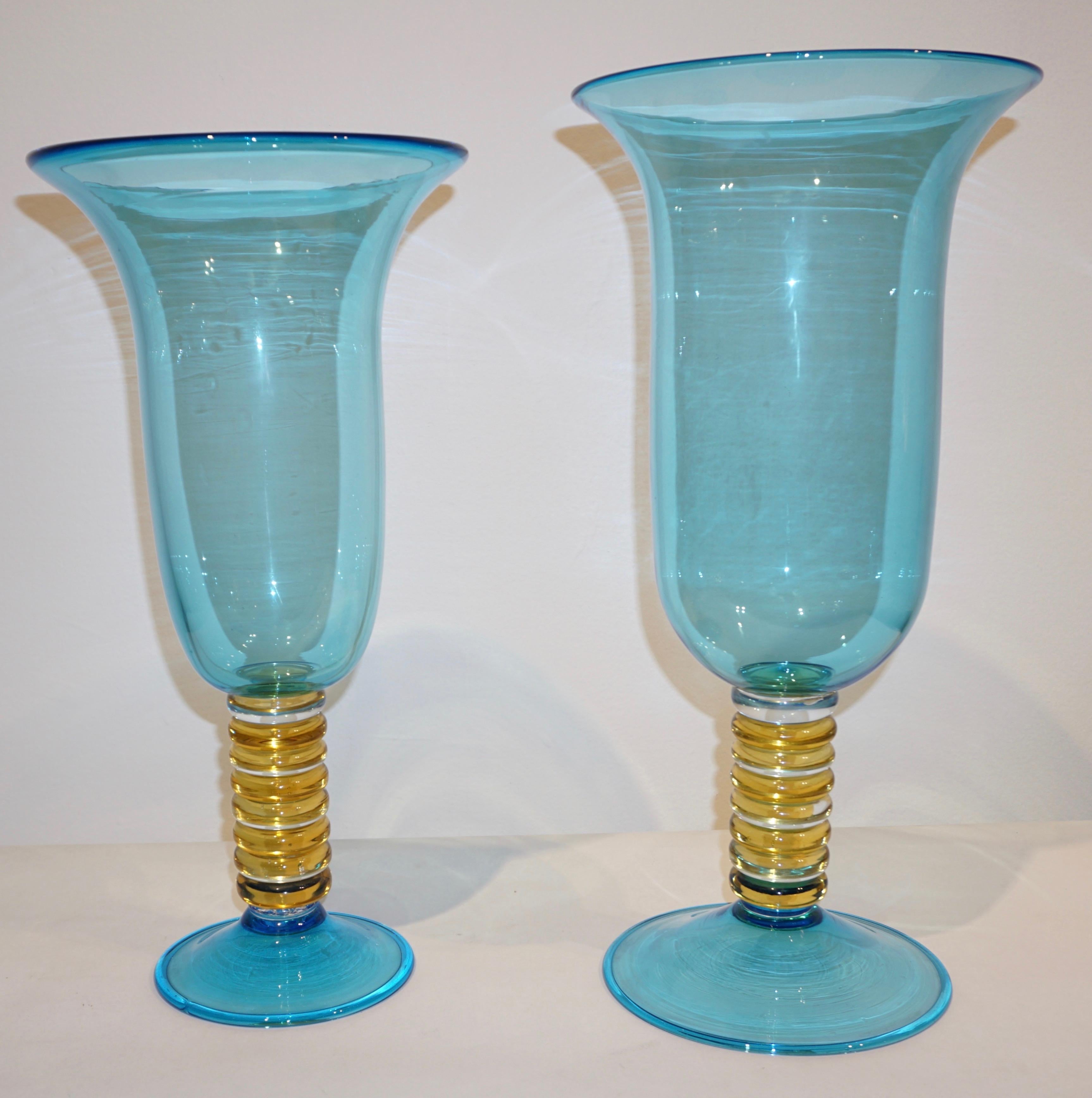 Formia 1970s Italian Set of 2 Aquamarine Amber Clear Murano Glass Vases on Foot 3