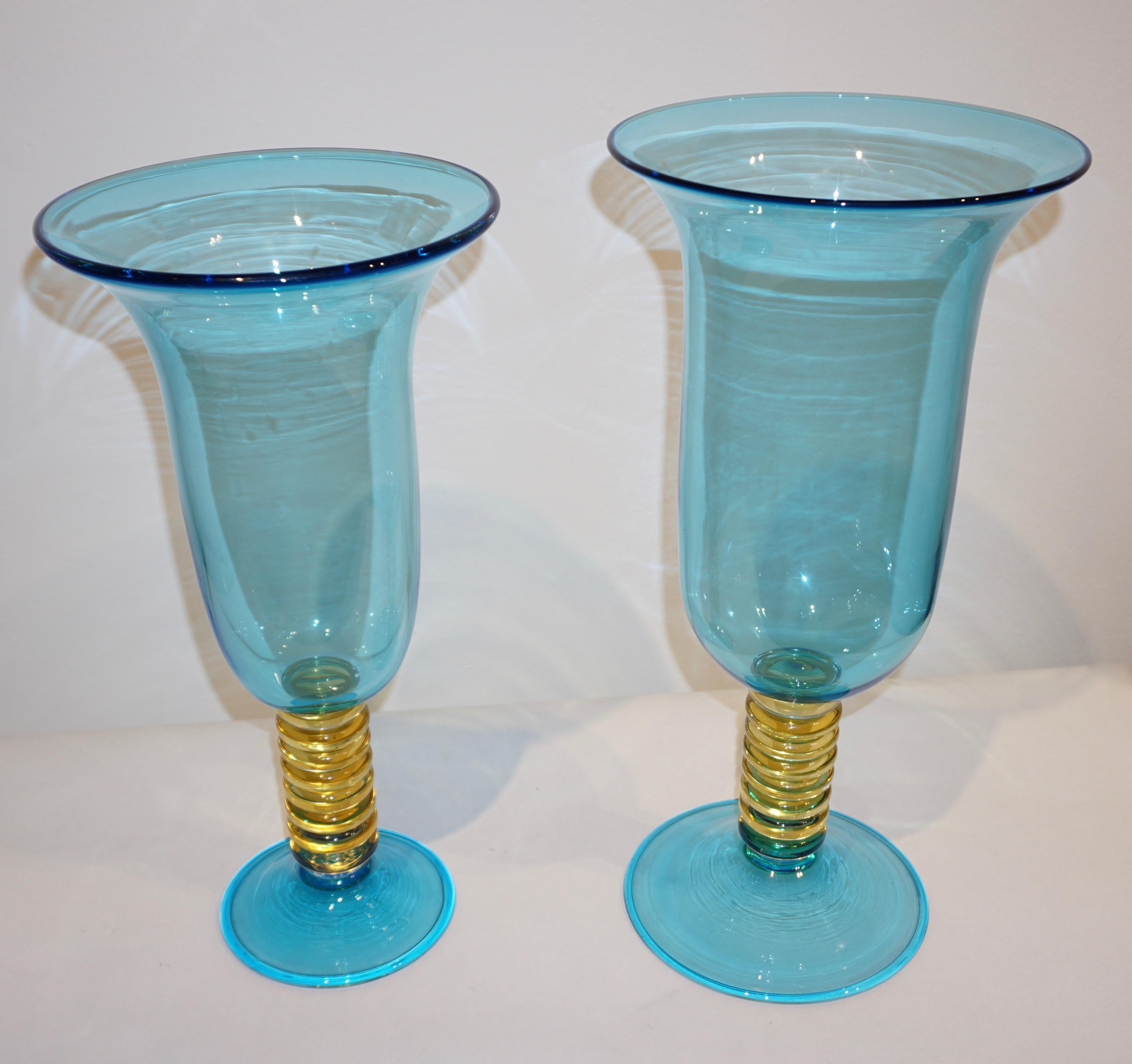 Art Glass Formia 1970s Italian Set of 2 Aquamarine Amber Clear Murano Glass Vases on Foot