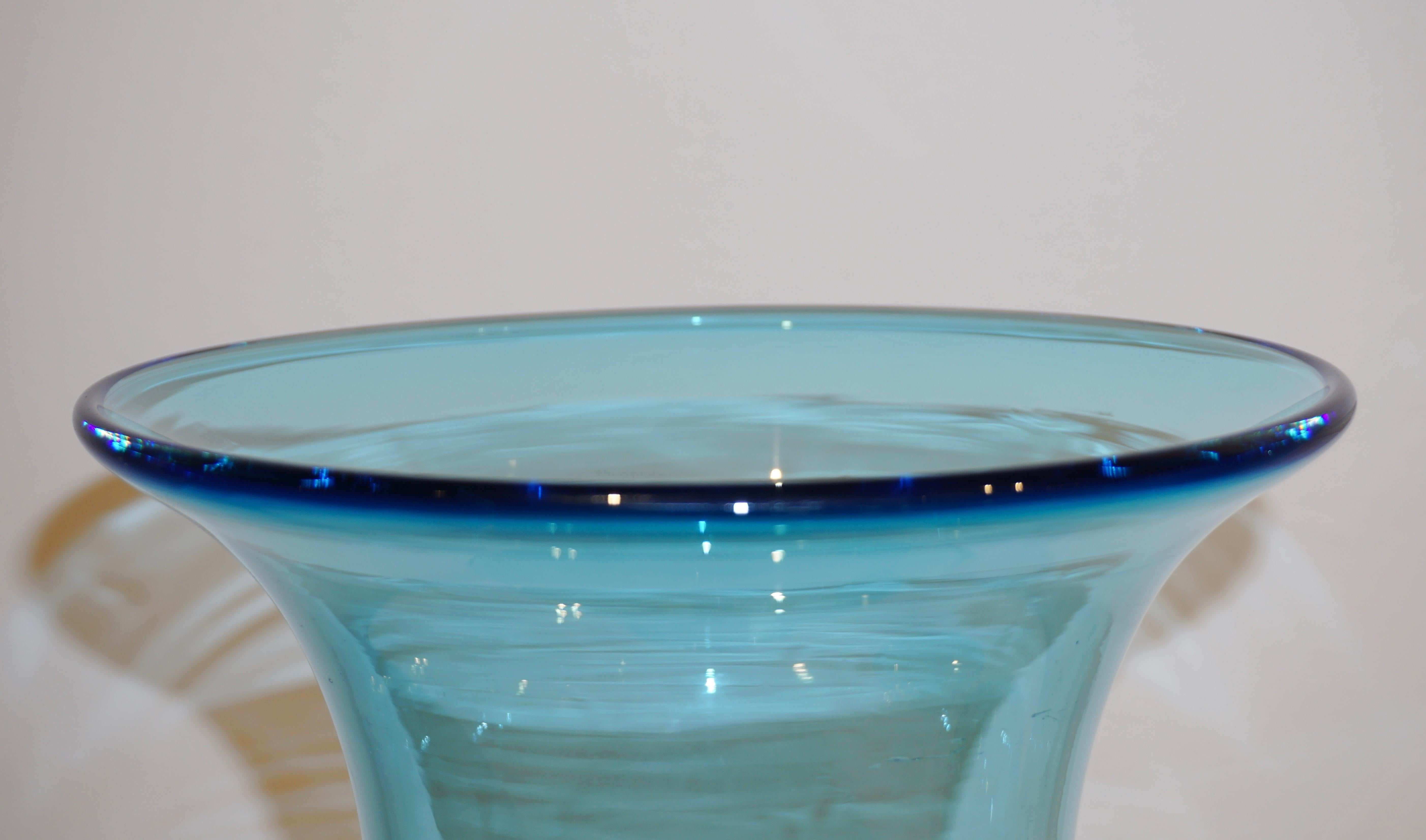 Formia 1970s Italian Set of 2 Aquamarine Amber Clear Murano Glass Vases on Foot 1
