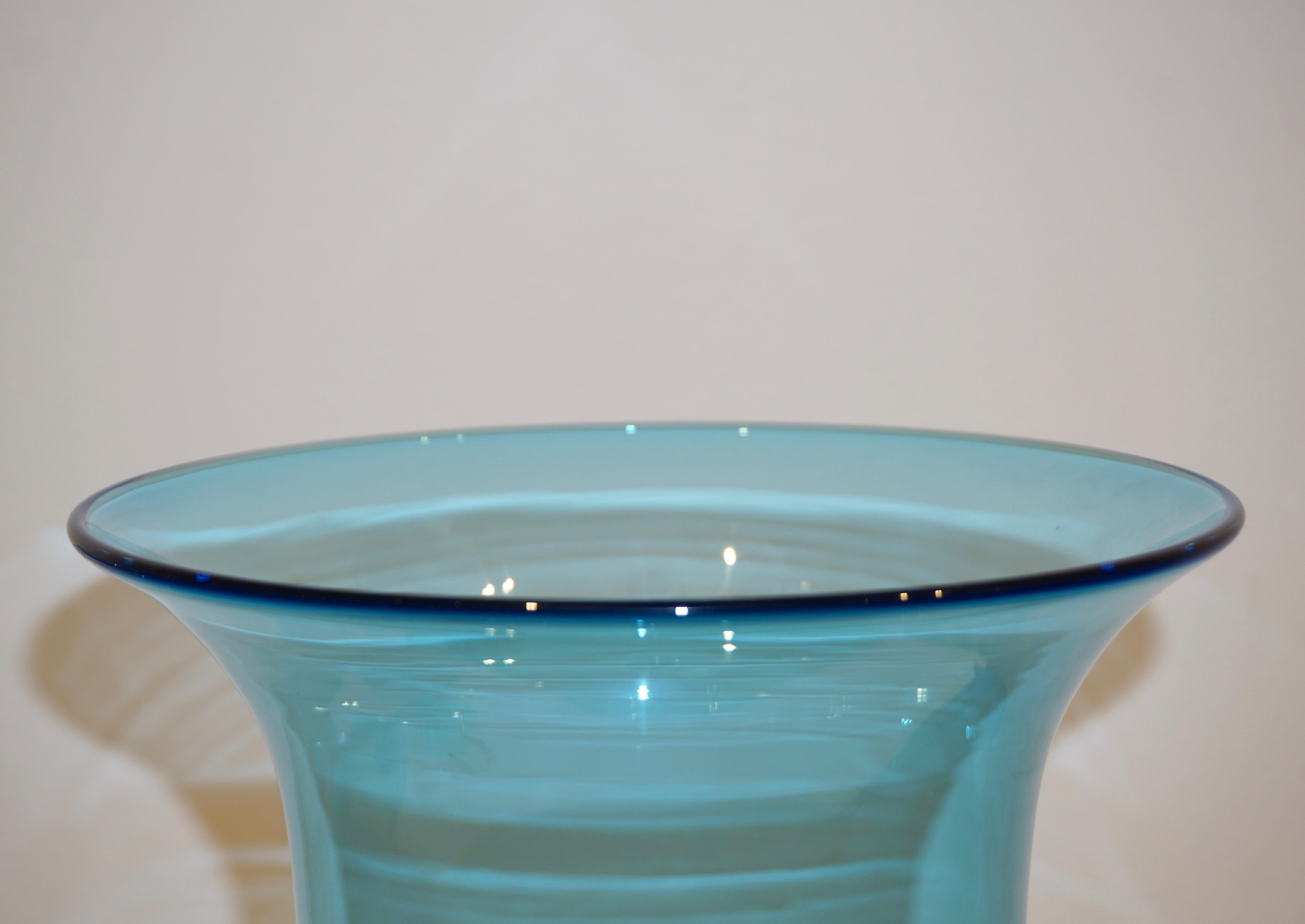 Formia 1970s Italian Set of 2 Aquamarine Amber Clear Murano Glass Vases on Foot 2