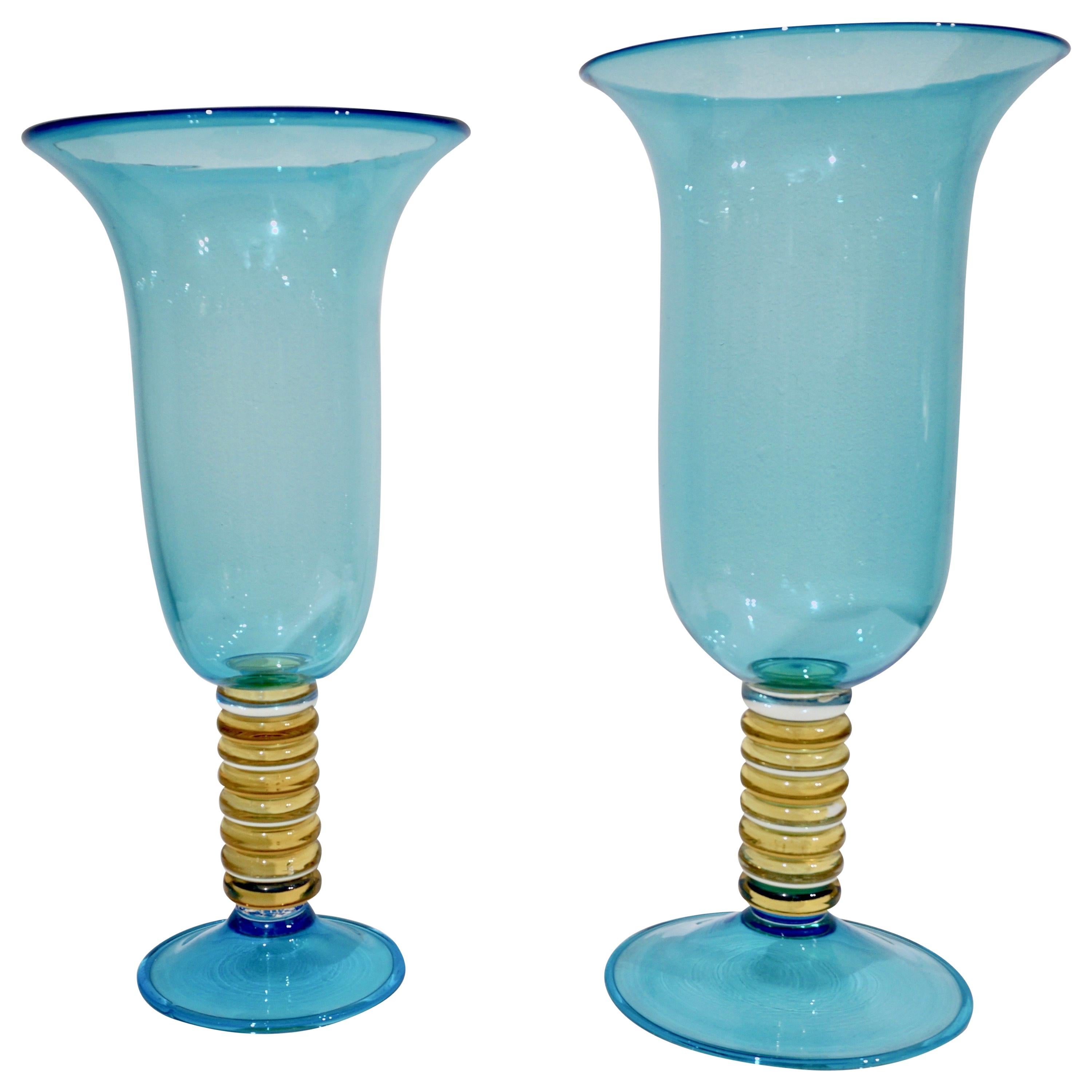 Formia 1970s Italian Set of 2 Aquamarine Amber Clear Murano Glass Vases on Foot