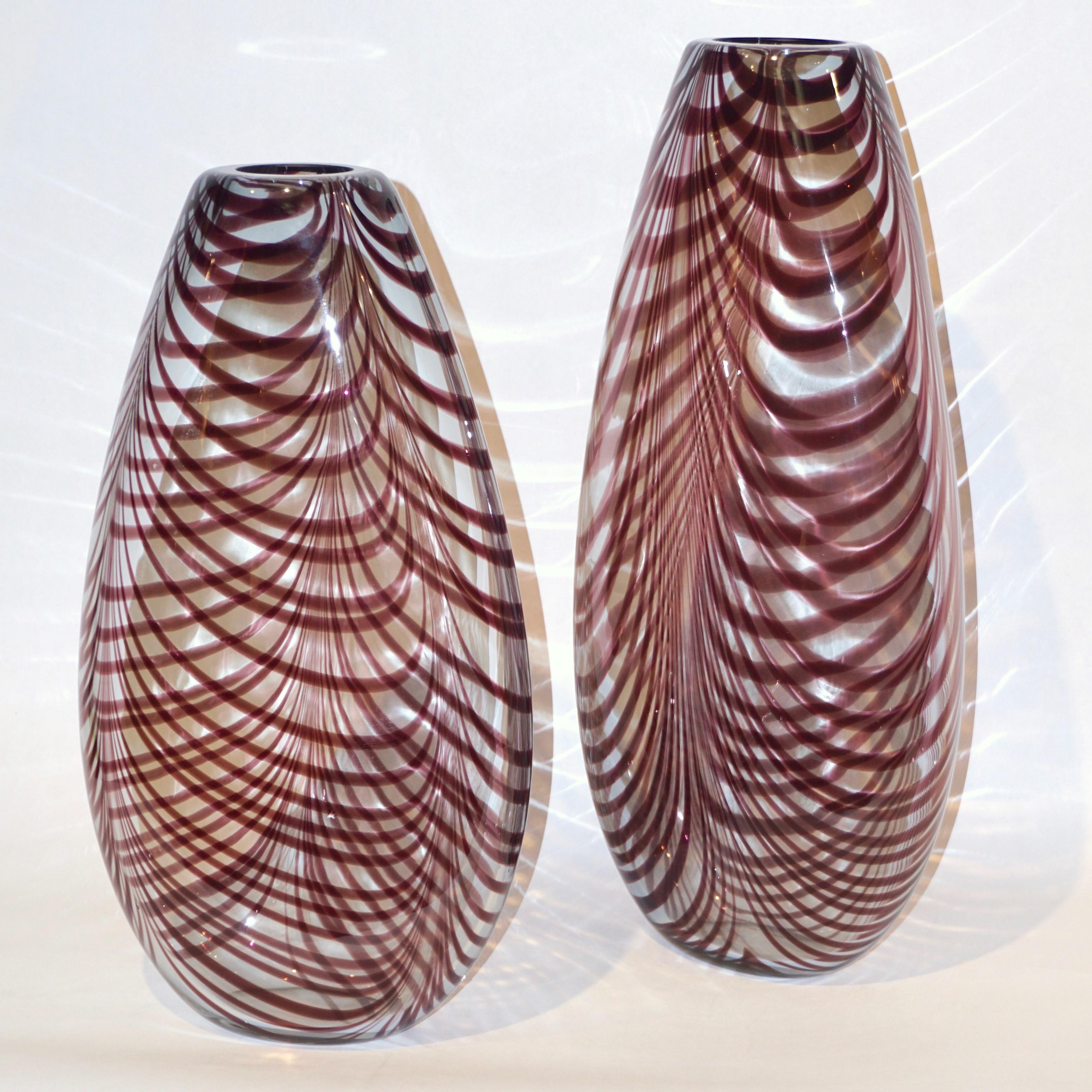 Organic Modern Formia 1970s Two Feather Decorated Purple Brown Crystal Murano Art Glass Vases For Sale