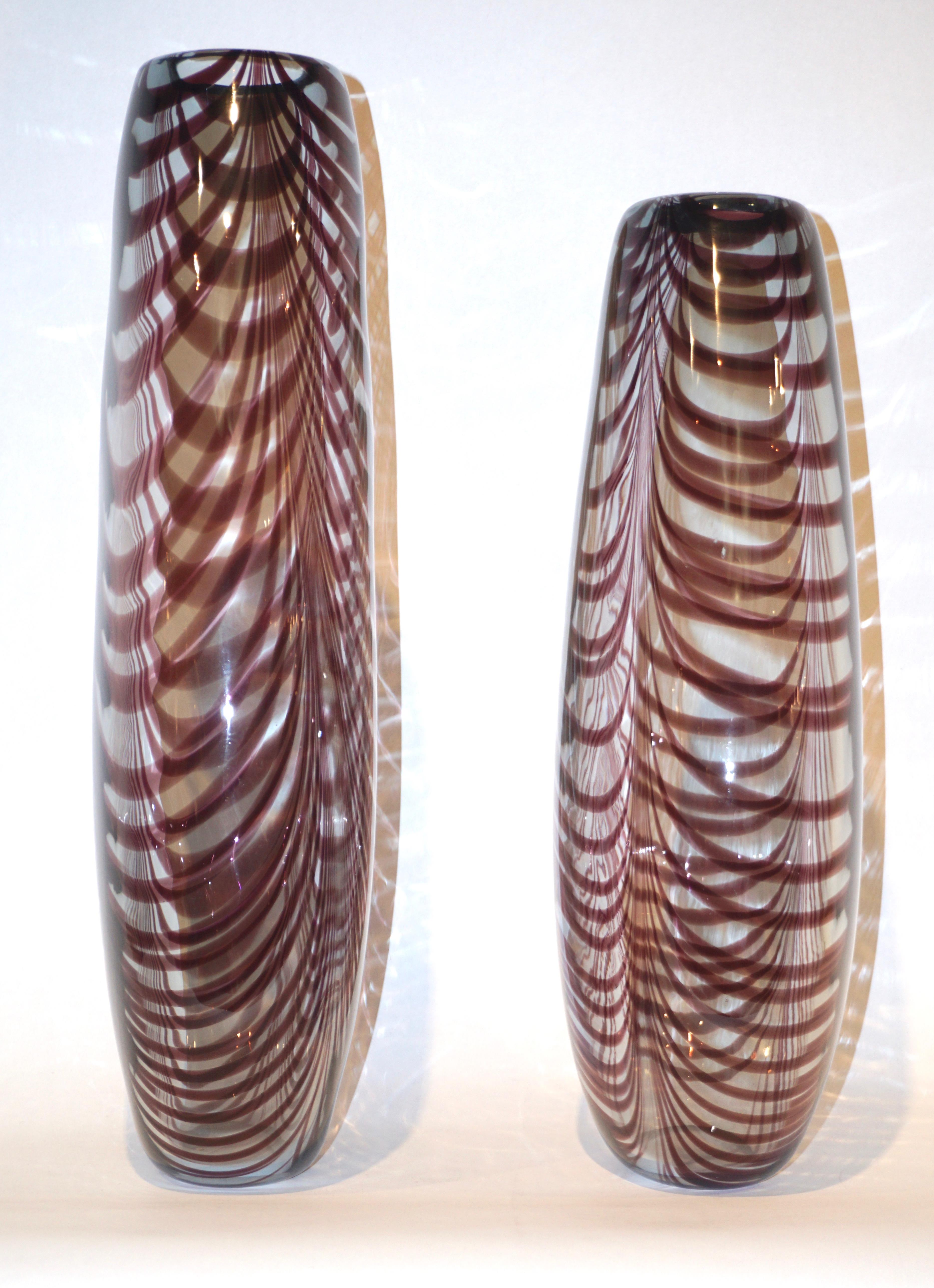 Italian Formia 1970s Two Feather Decorated Purple Brown Crystal Murano Art Glass Vases For Sale