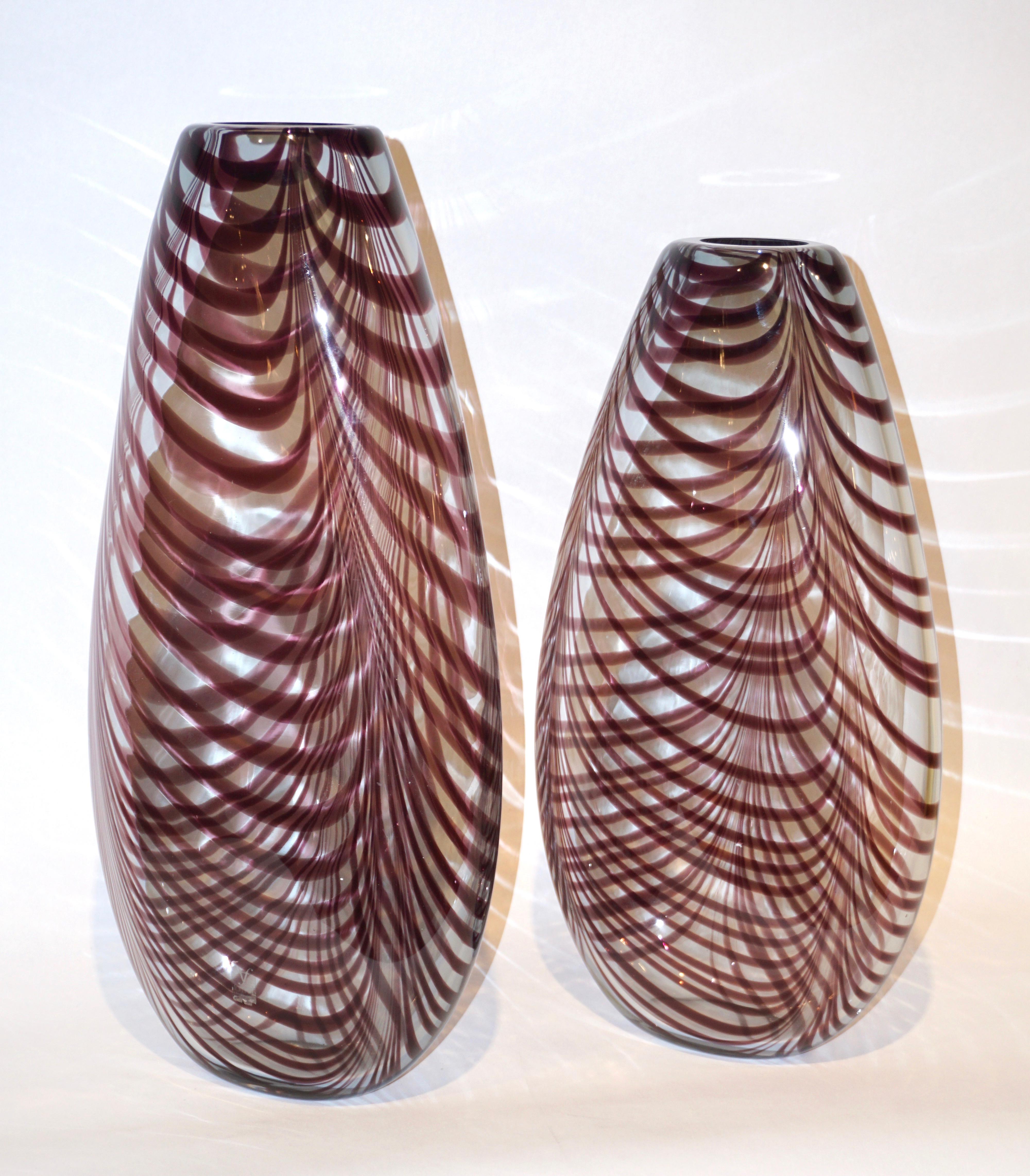 Late 20th Century Formia 1970s Two Feather Decorated Purple Brown Crystal Murano Art Glass Vases For Sale