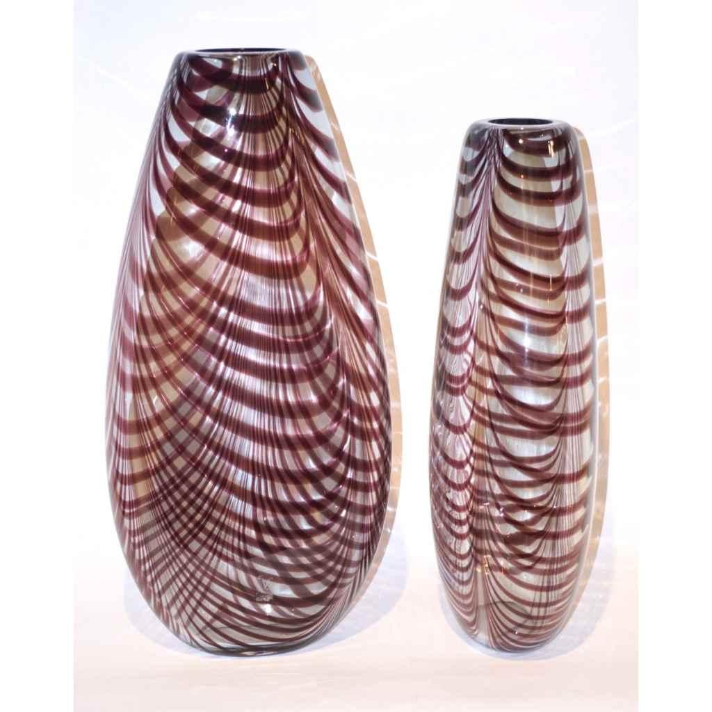 Thread Formia 1970s Two Feather Decorated Purple Brown Crystal Murano Art Glass Vases