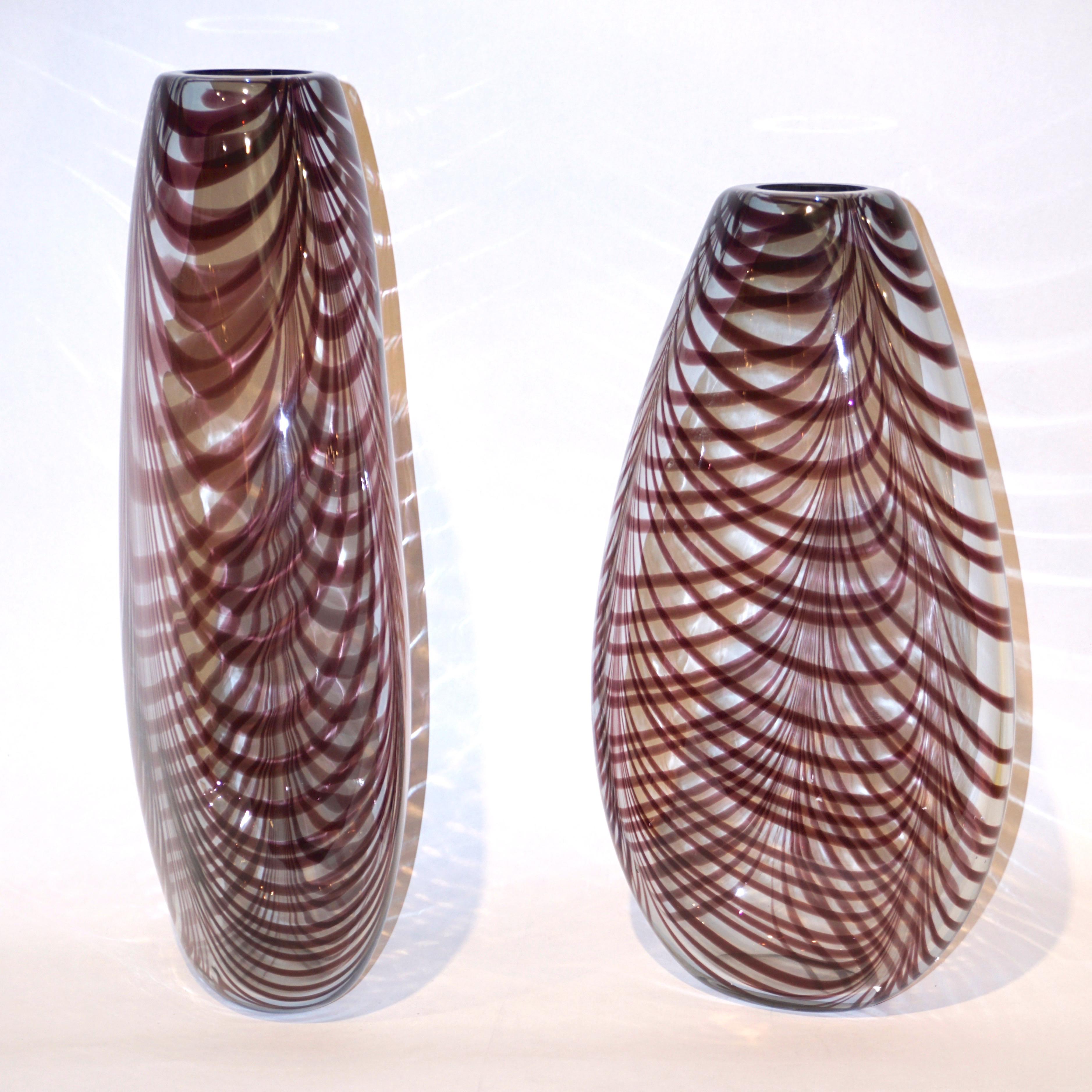 Formia 1970s Two Feather Decorated Purple Brown Crystal Murano Art Glass Vases For Sale 1