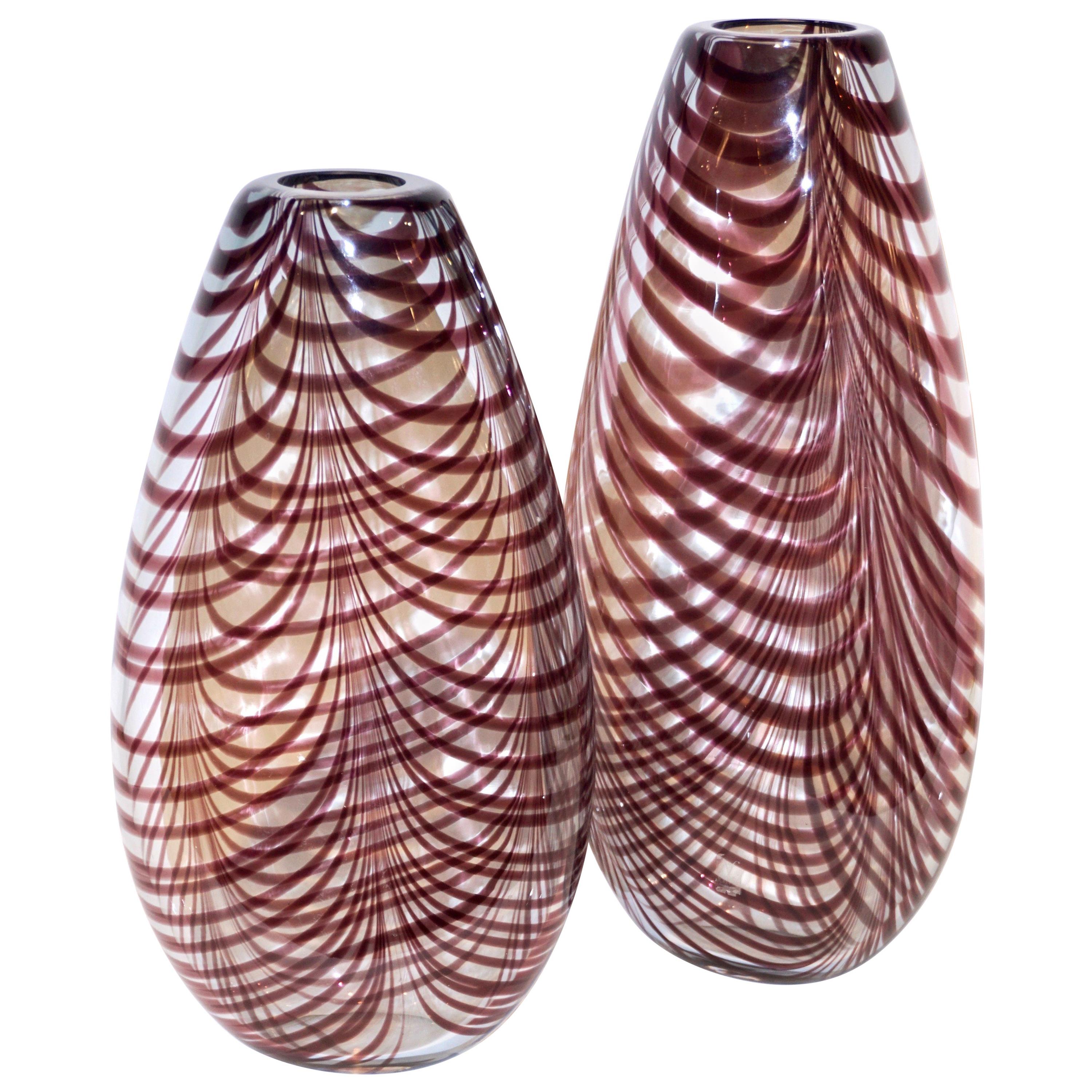 Formia 1970s Two Feather Decorated Purple Brown Crystal Murano Art Glass Vases
