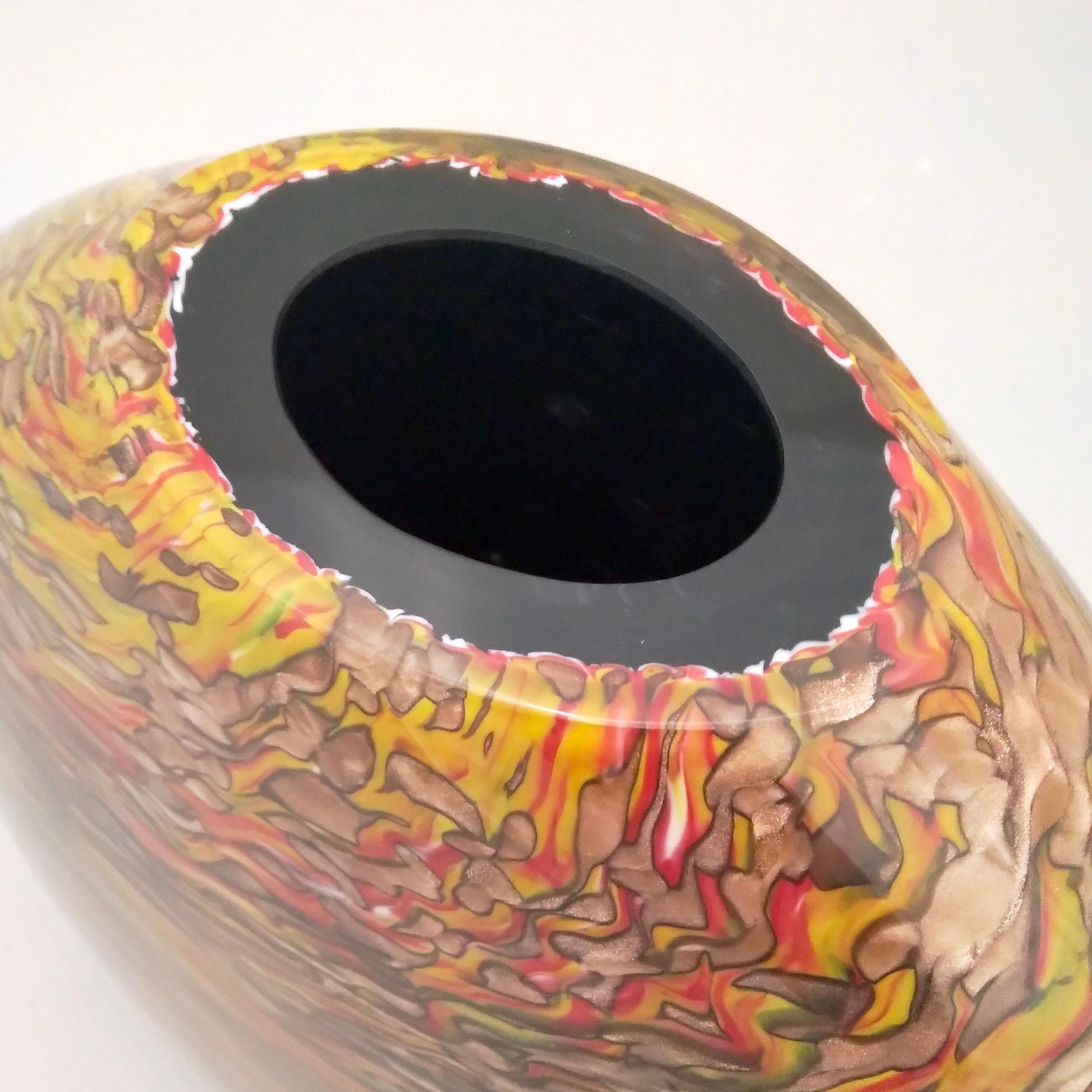 Formia 1980s Modern Elliptical Brown Yellow Red Orange Gold Murano Glass Vase For Sale 4