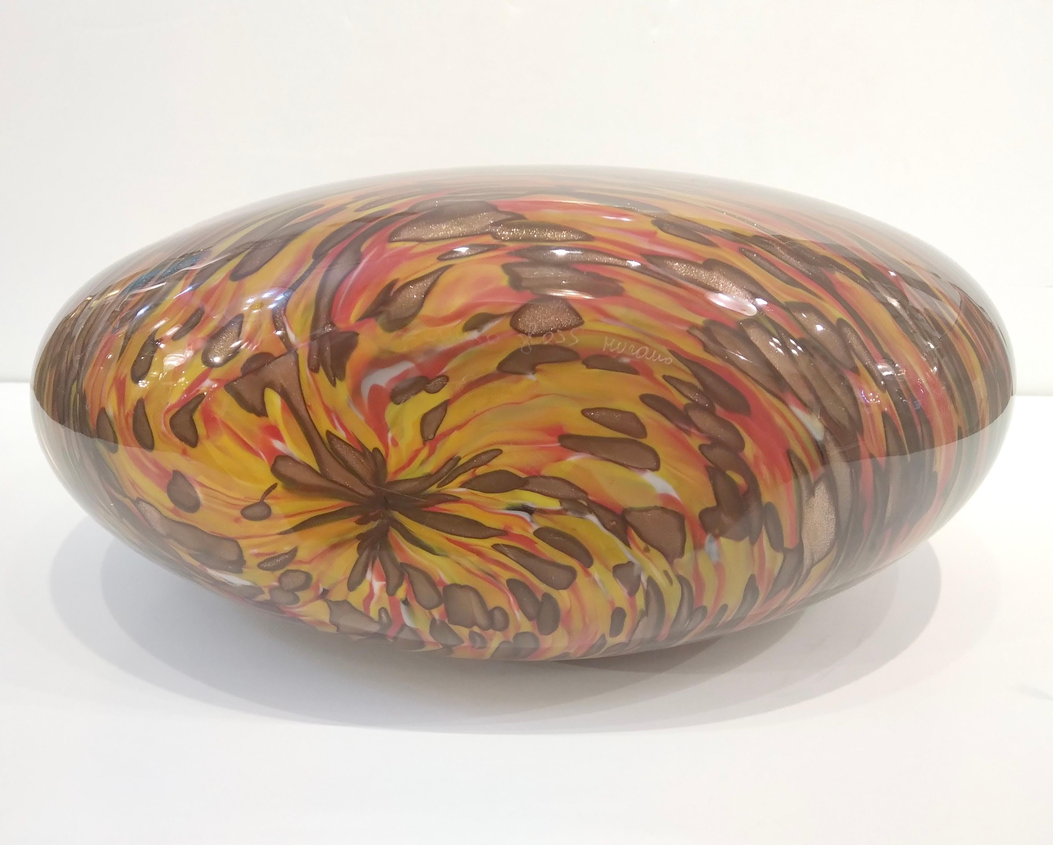 Formia 1980s Modern Elliptical Brown Yellow Red Orange Gold Murano Glass Vase For Sale 5
