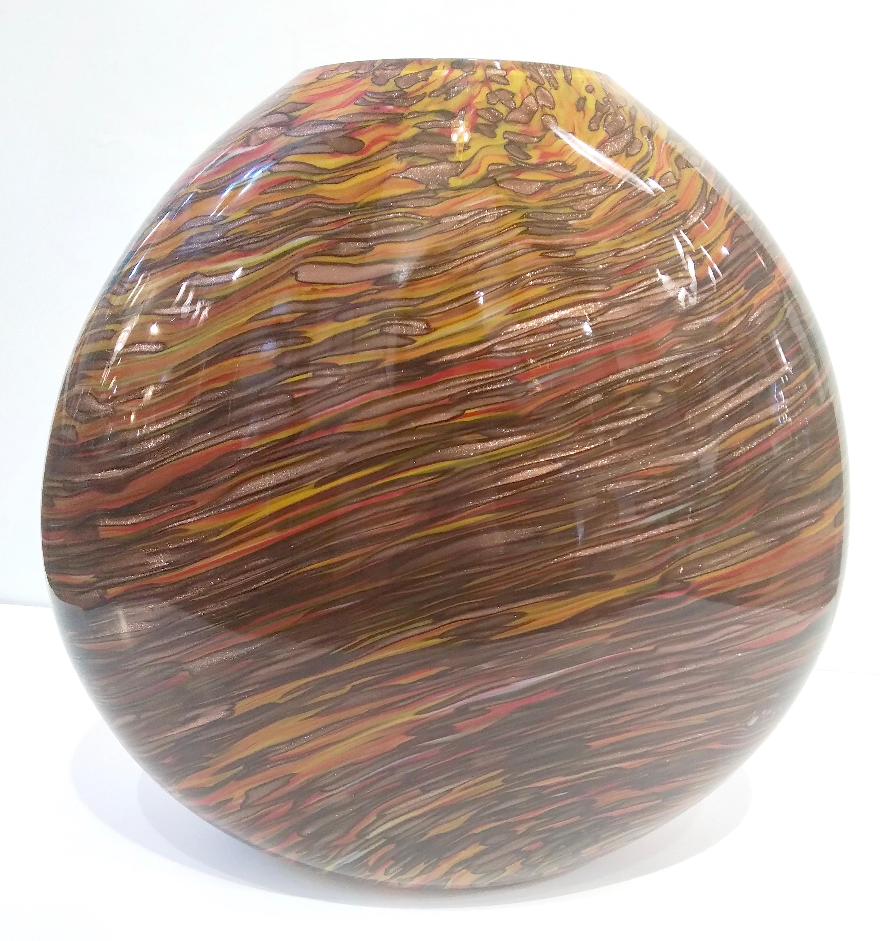 Formia 1980s Modern Elliptical Brown Yellow Red Orange Gold Murano Glass Vase For Sale 9