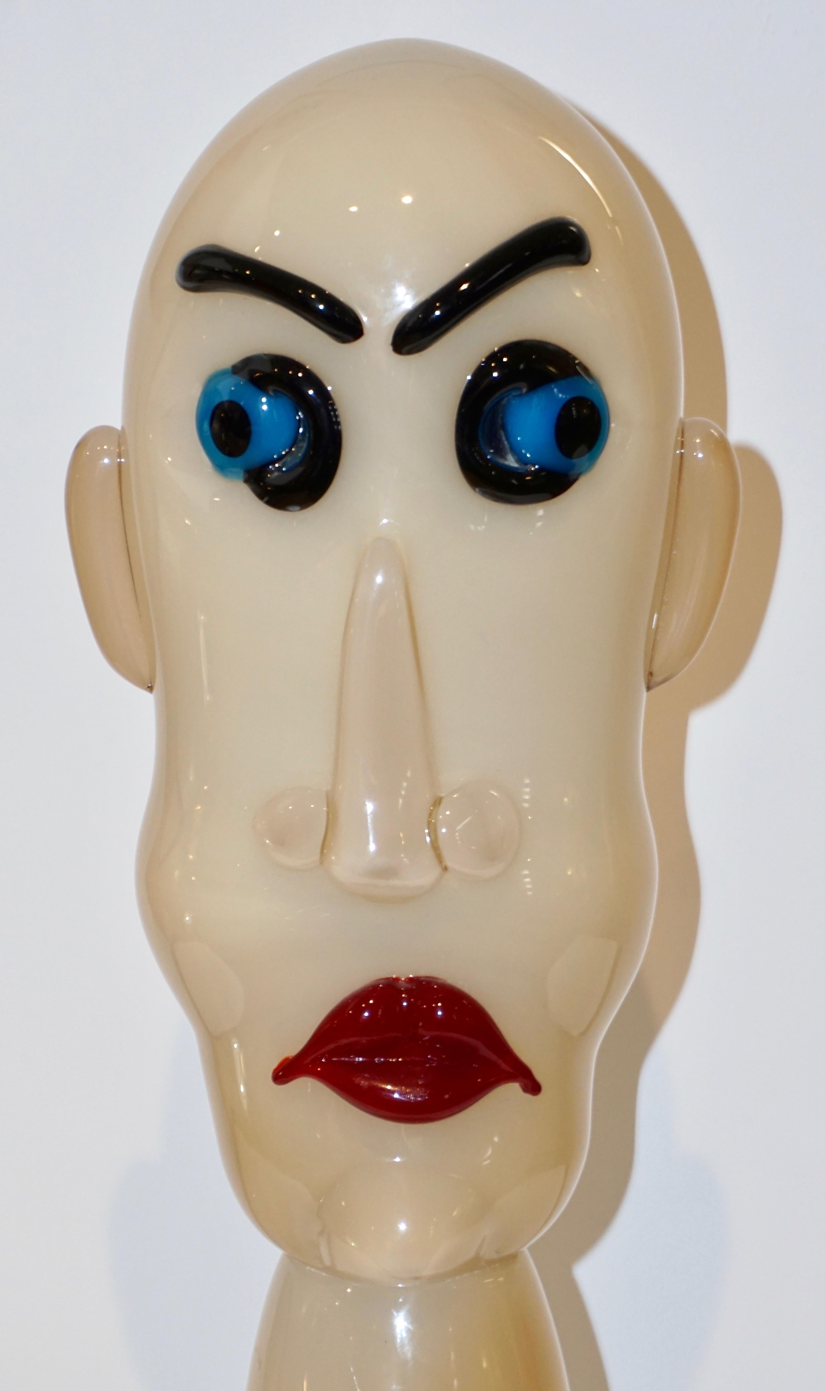 Art Glass Formia 1980s Modern Italian Comic Ivory Glass Head Sculpture with Red Lips For Sale