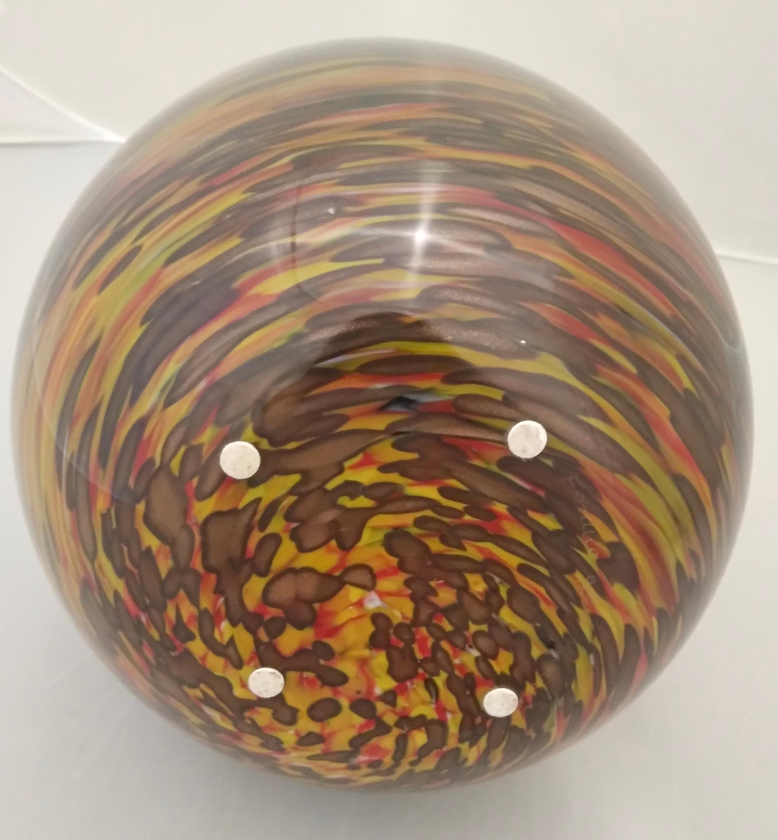 Formia 1980s Modern Ovoid Brown Yellow Red Orange Gold Murano Glass Vase For Sale 2