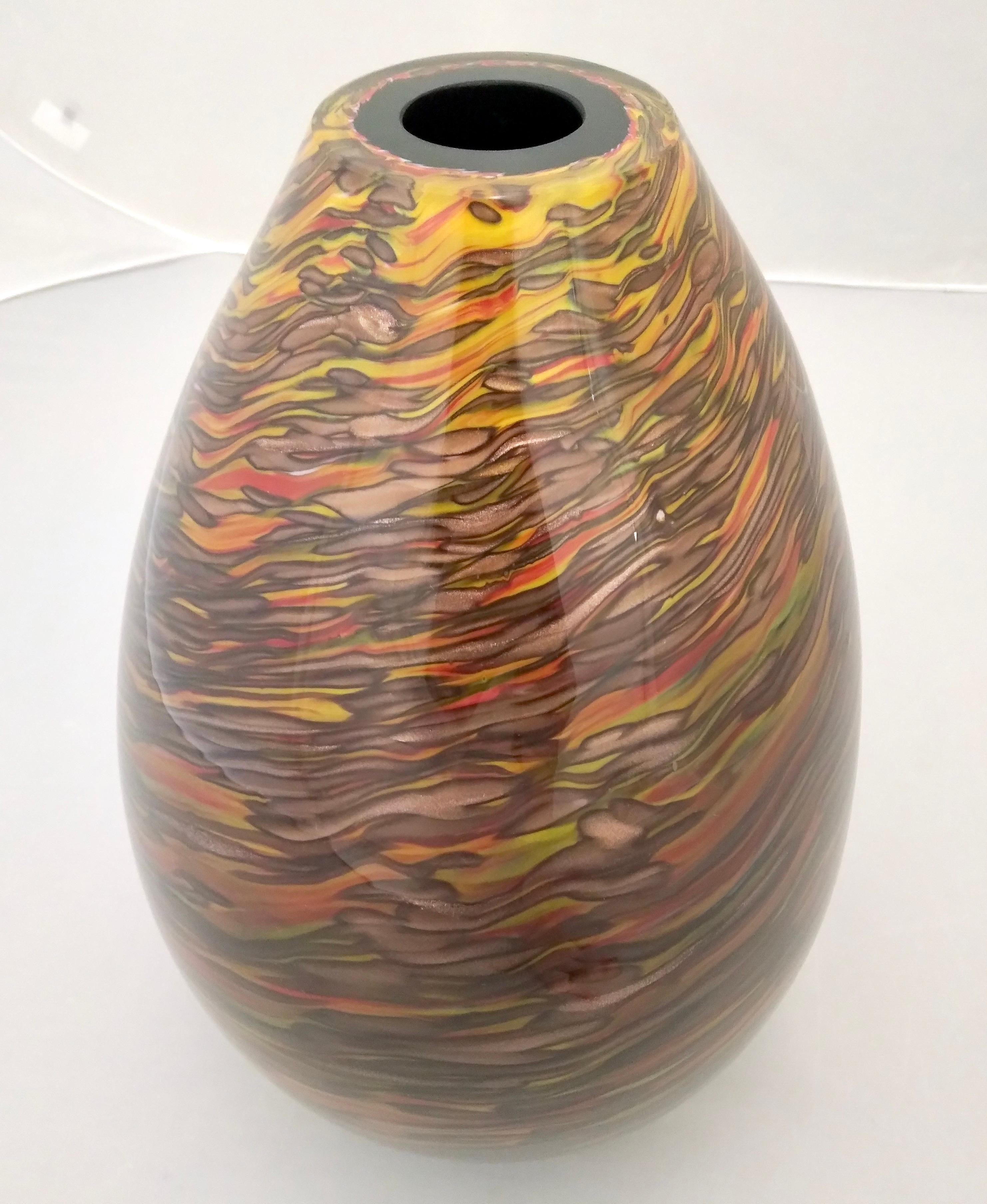 Formia 1980s Modern Ovoid Brown Yellow Red Orange Gold Murano Glass Vase For Sale 3