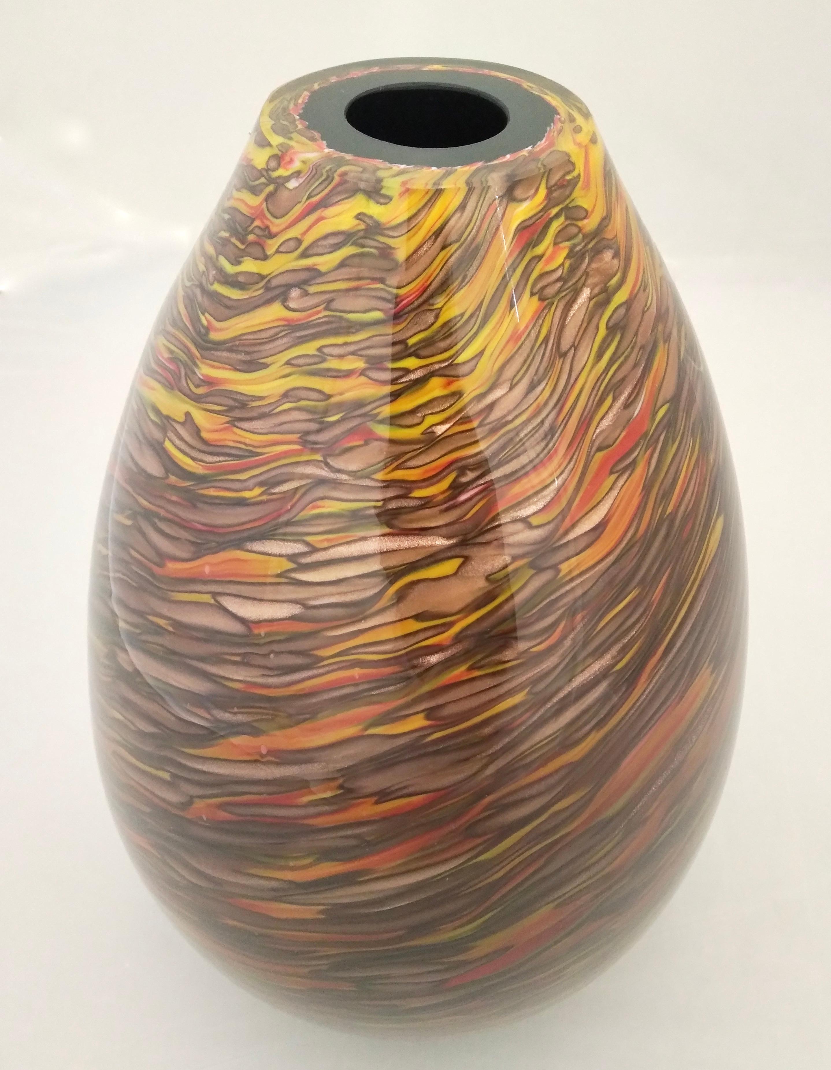 Formia 1980s Modern Ovoid Brown Yellow Red Orange Gold Murano Glass Vase For Sale 6