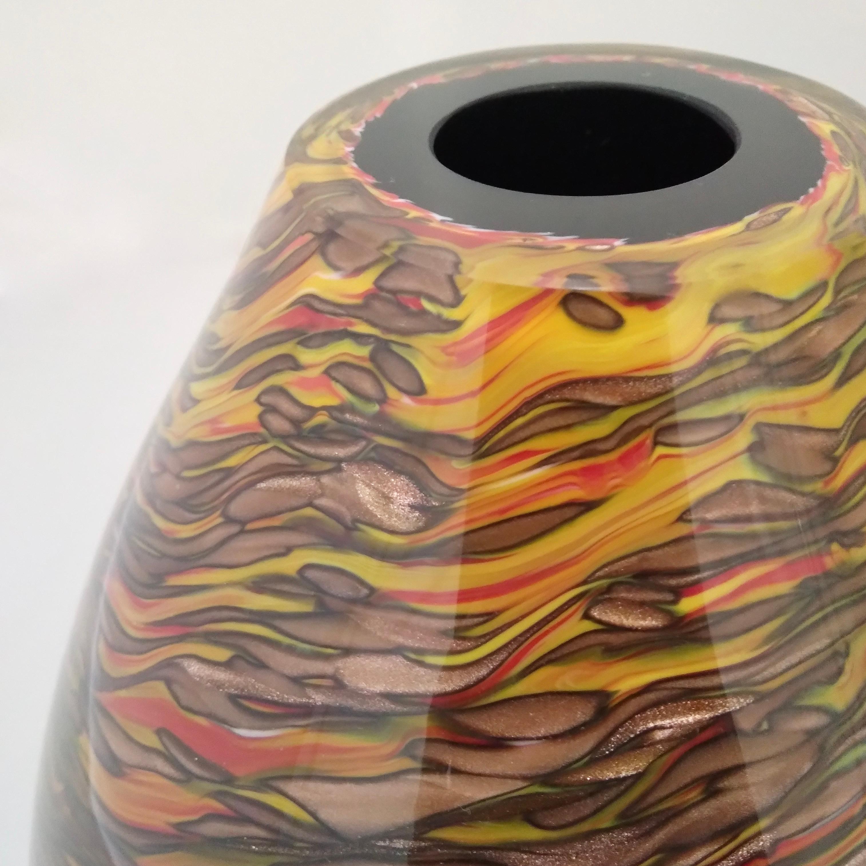 Formia 1980s Modern Ovoid Brown Yellow Red Orange Gold Murano Glass Vase For Sale 7