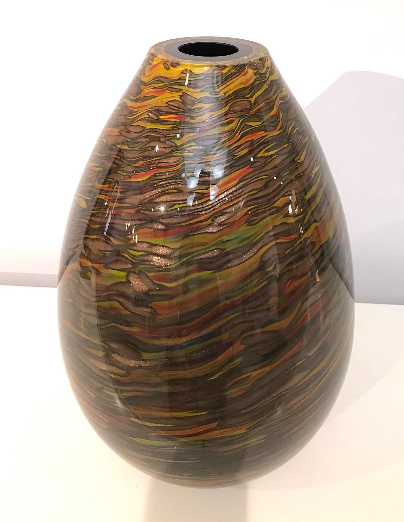 Formia 1980s Modern Ovoid Brown Yellow Red Orange Gold Murano Glass Vase For Sale 8