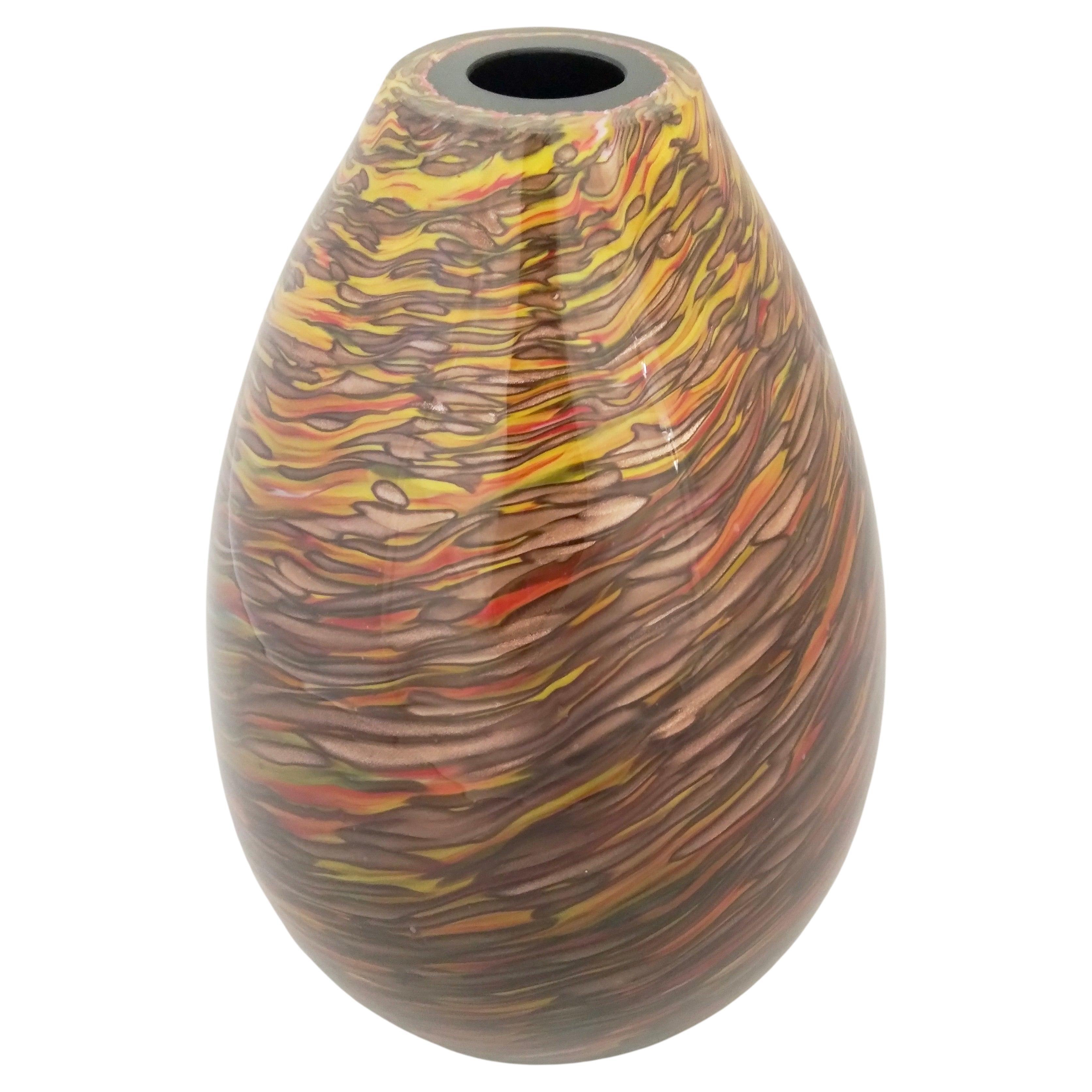 Formia 1980s Modern Ovoid Brown Yellow Red Orange Gold Murano Glass Vase