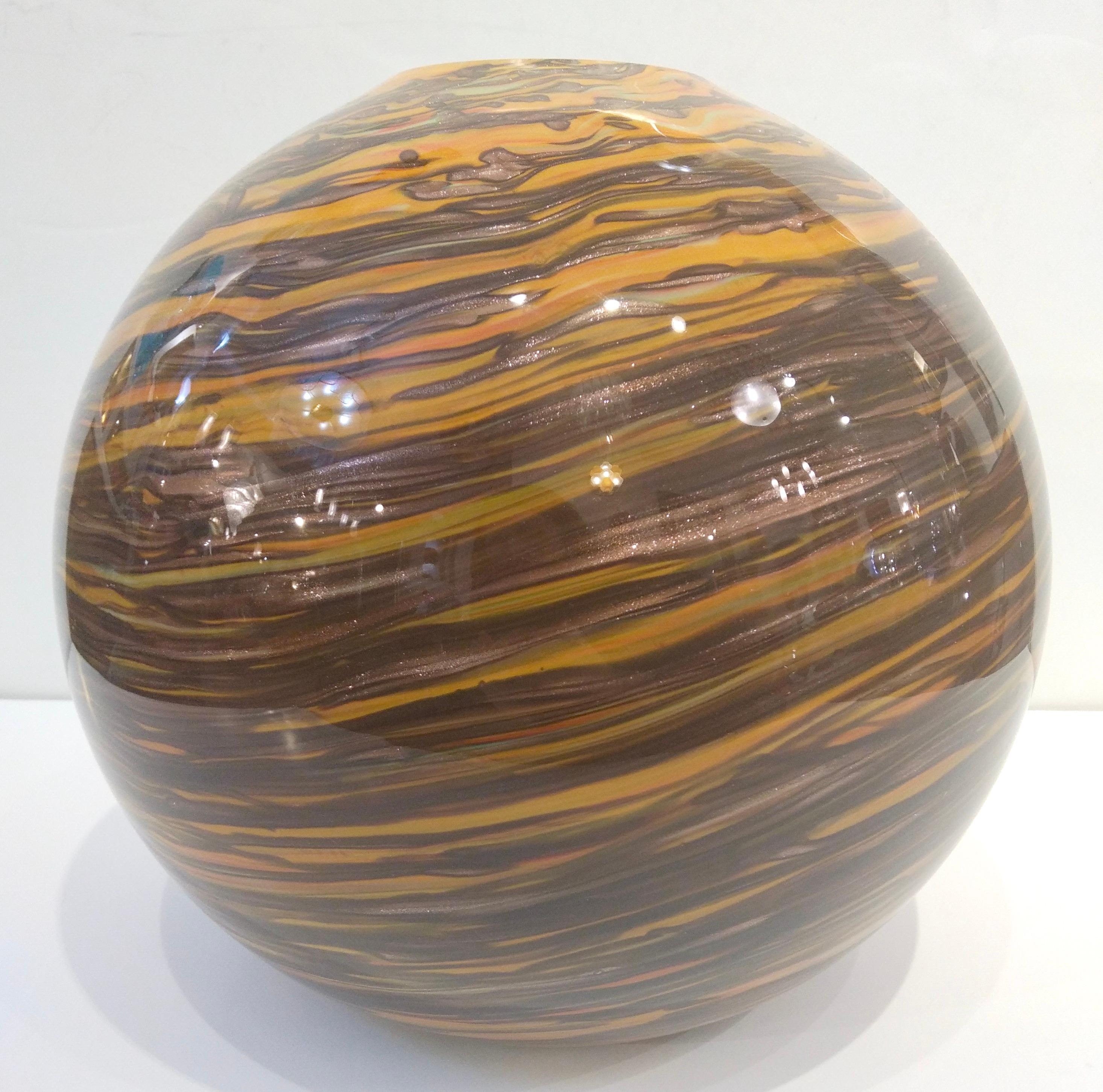 Formia 1980s Modern Round Brown Yellow Red Orange Gold Murano Glass Vase For Sale 3