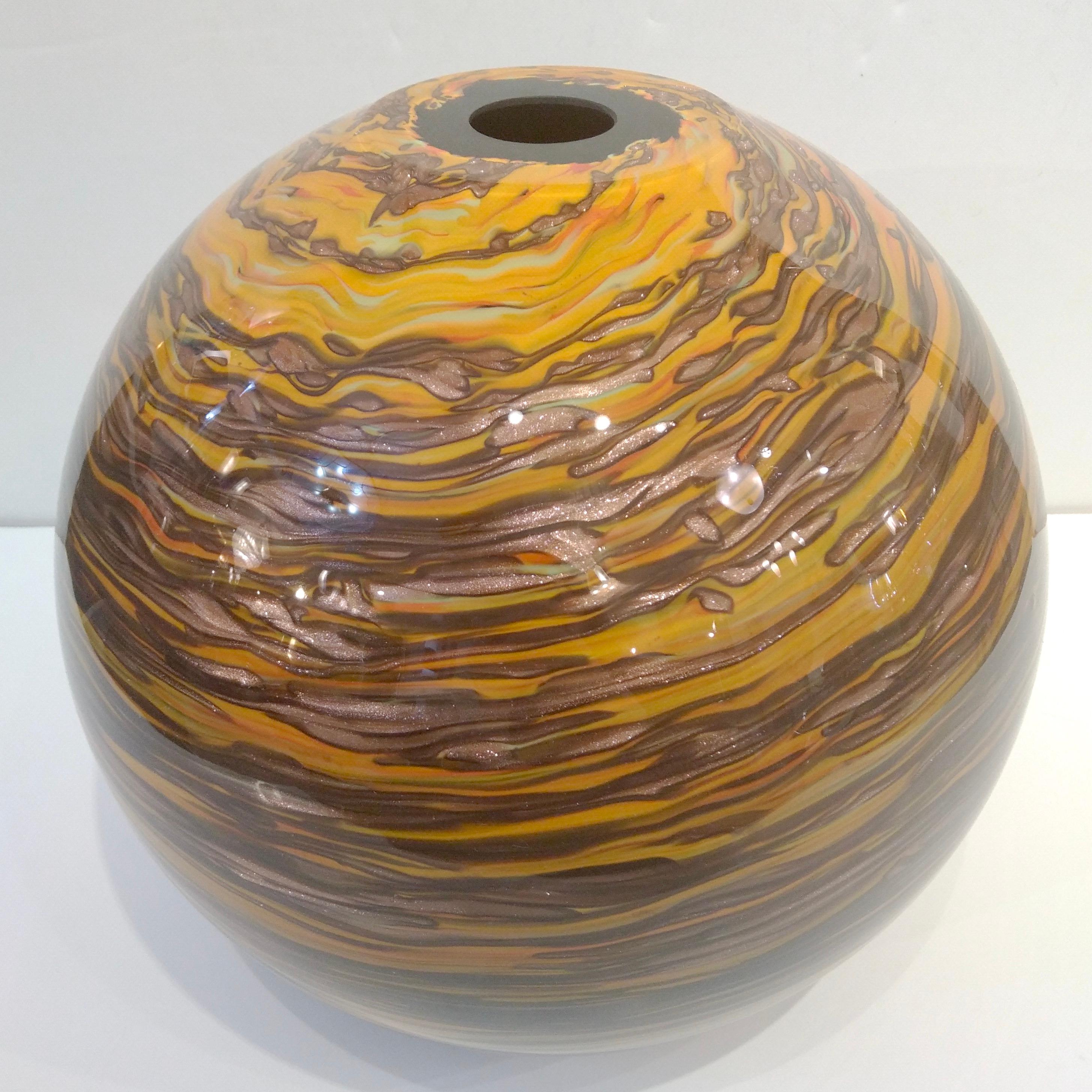 Formia 1980s Modern Round Brown Yellow Red Orange Gold Murano Glass Vase For Sale 4