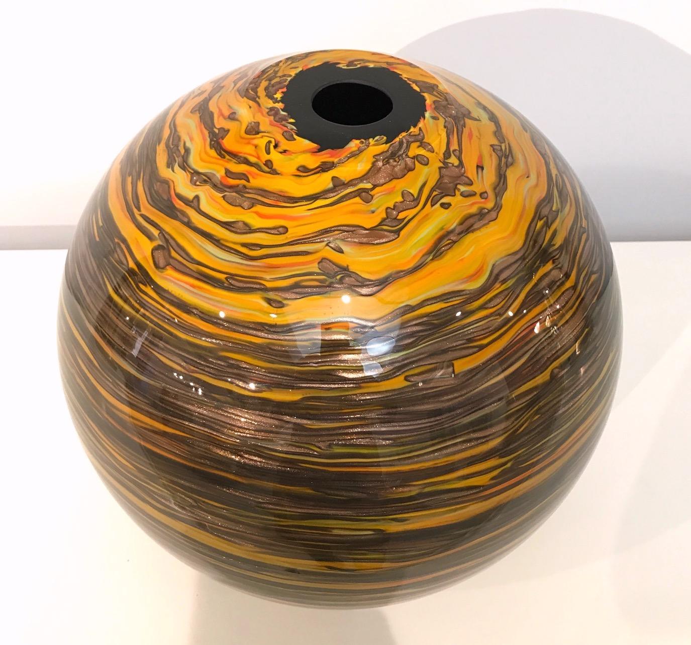 Formia 1980s Modern Round Brown Yellow Red Orange Gold Murano Glass Vase For Sale 5