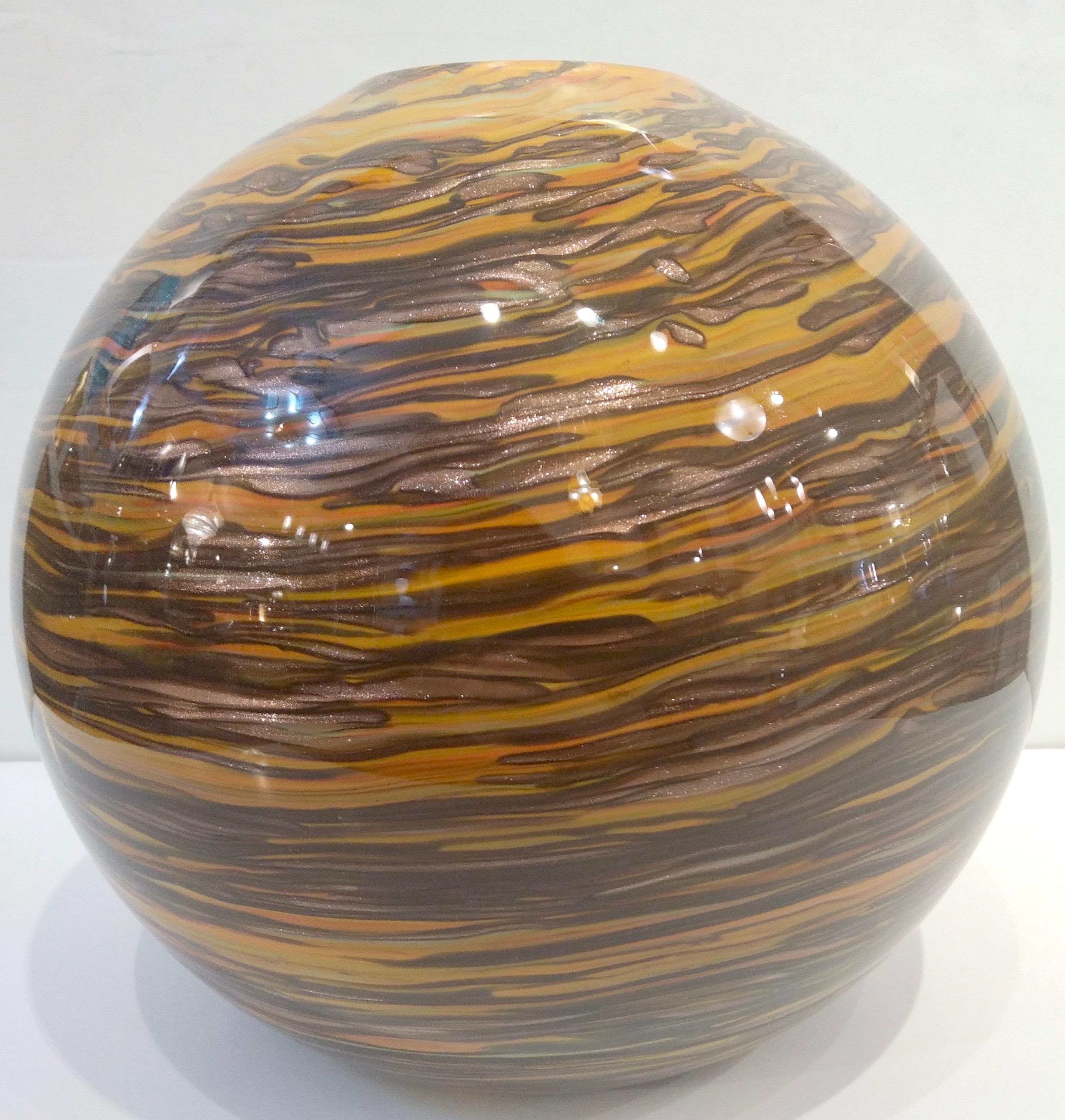 Organic Modern Formia 1980s Modern Round Brown Yellow Red Orange Gold Murano Glass Vase For Sale