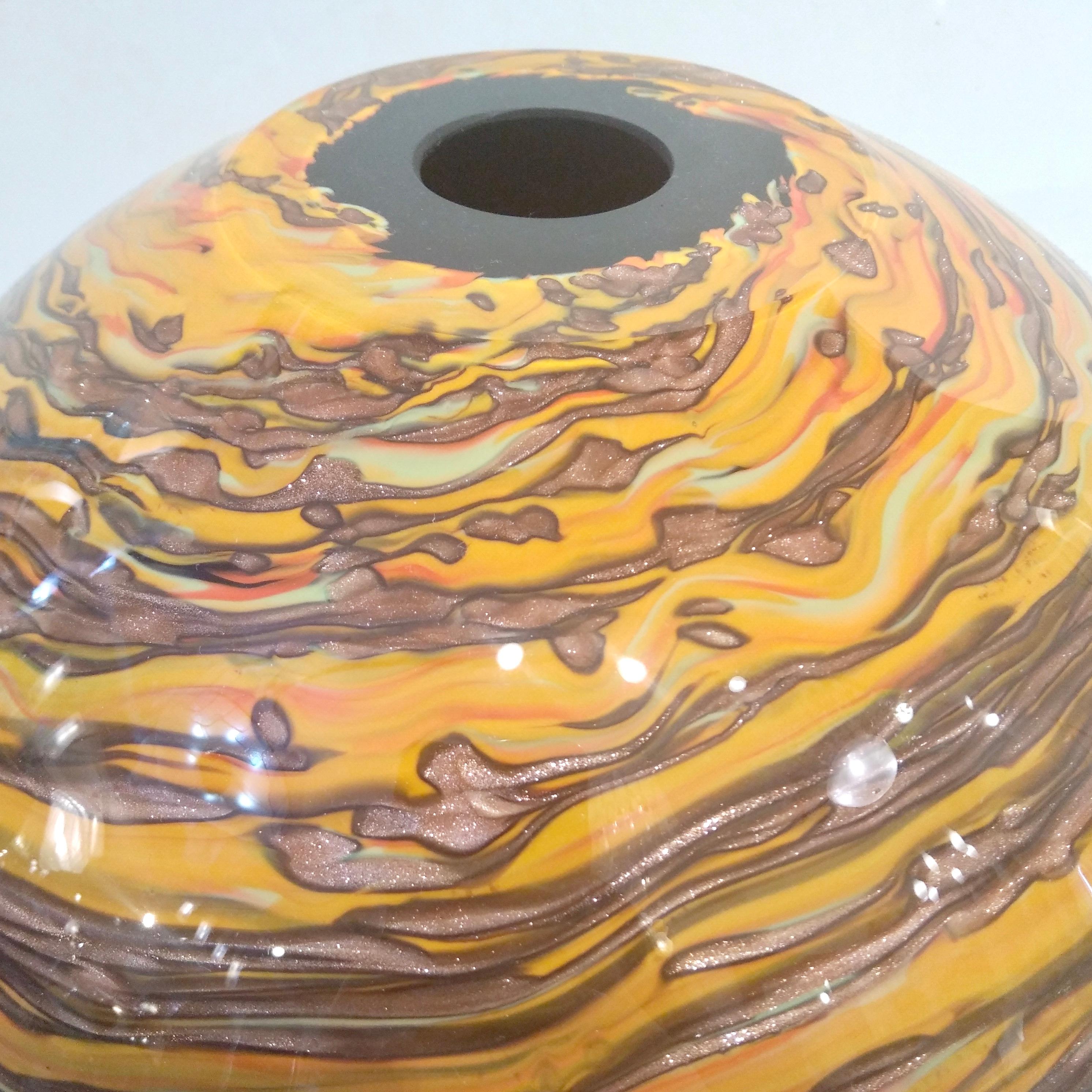 Formia 1980s Modern Round Brown Yellow Red Orange Gold Murano Glass Vase For Sale 1