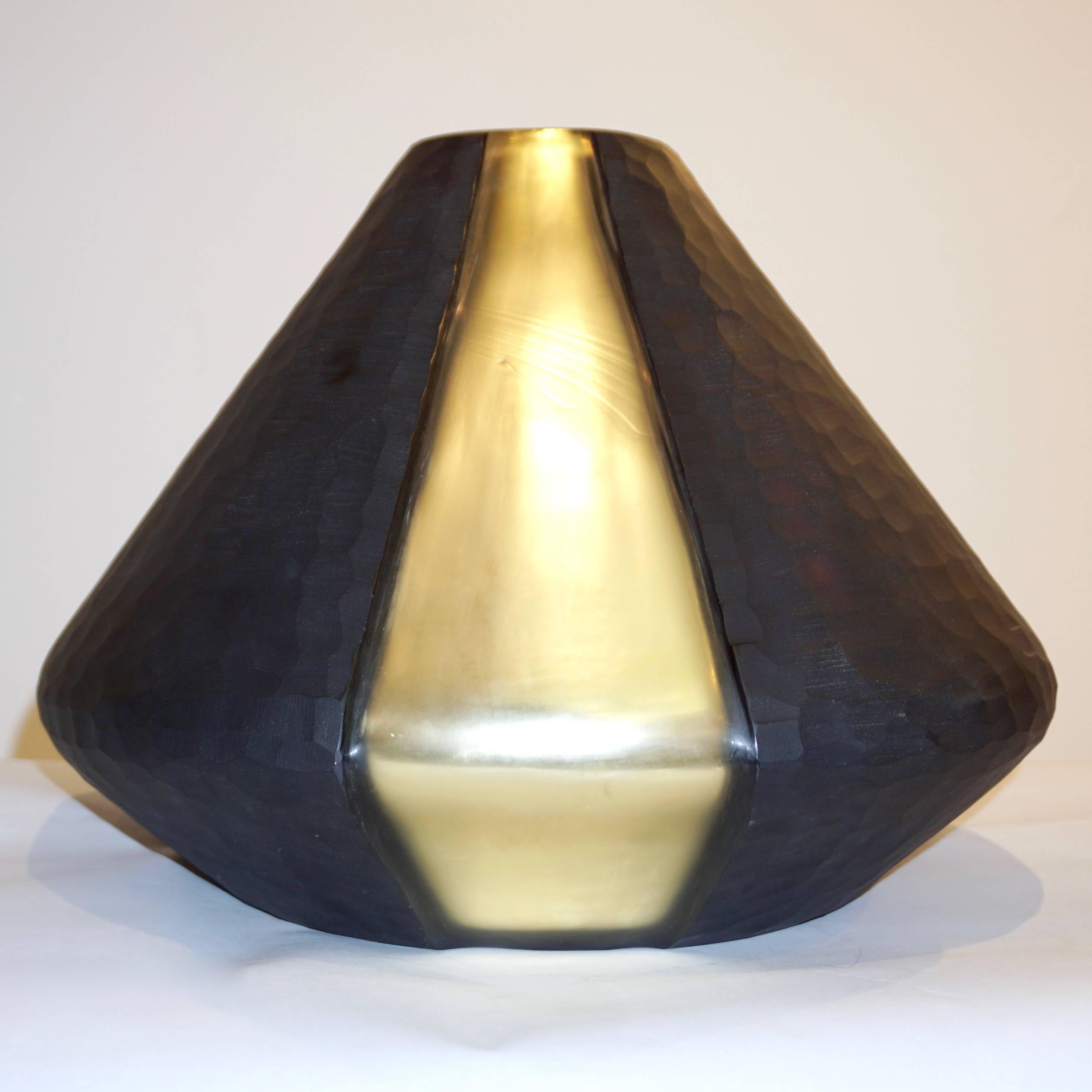 Formia 1980s Organic Modern Black and Gold Leaf Battuto Murano Glass Sexy Vase 1