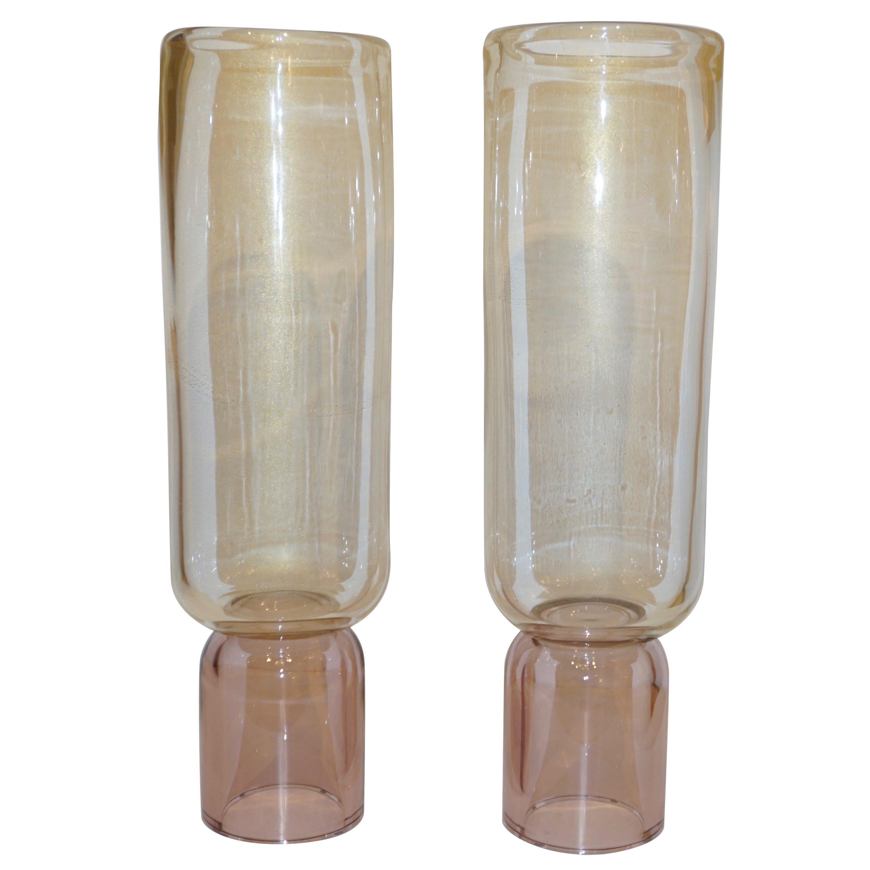 Formia 1990s Italian Pair of Tall Rose and Gold Crystal Murano Glass Round Vases