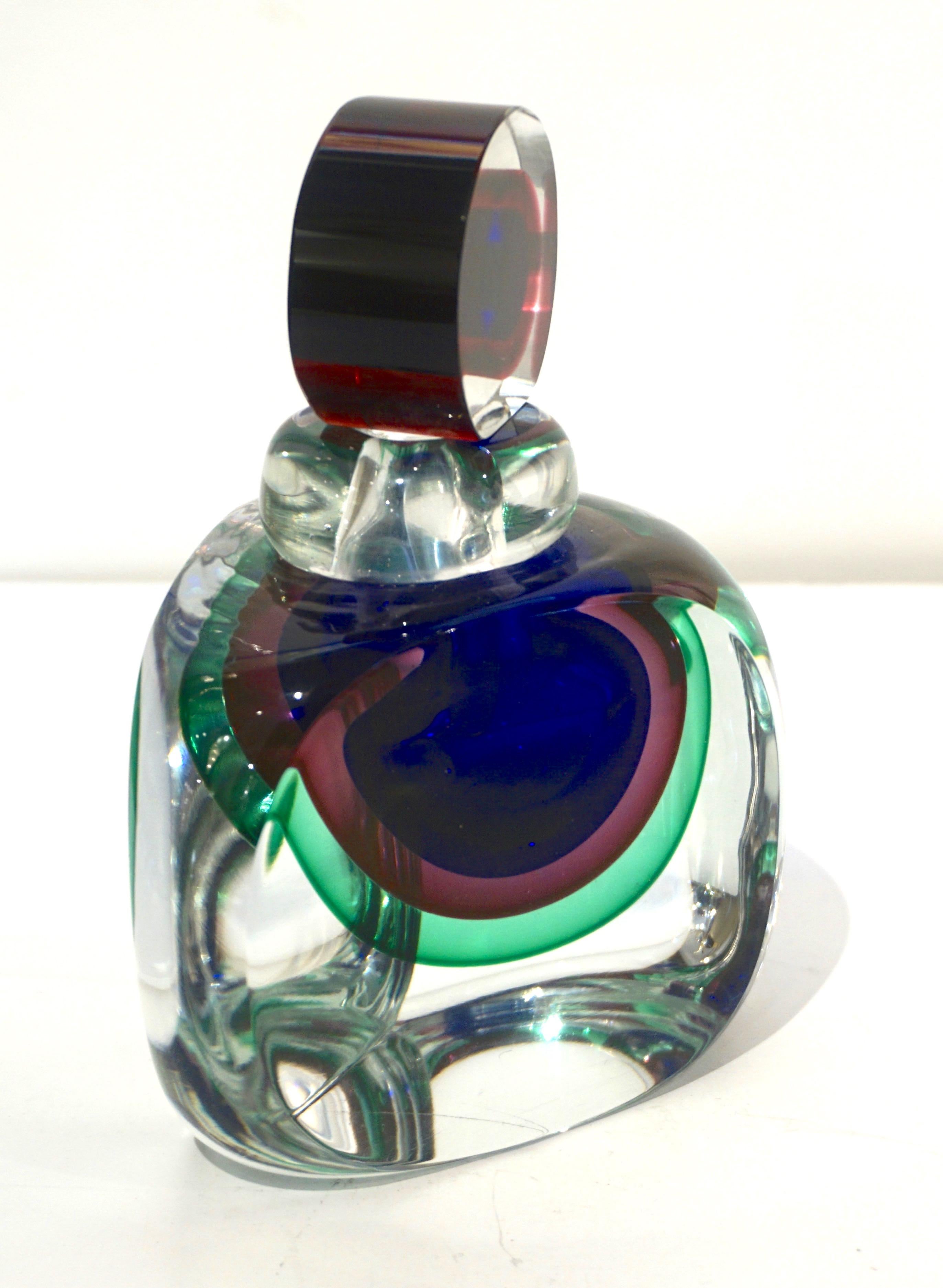 Formia 1990s Modern Italian Blue Green Purple Murano Glass Triangular Bottle 4