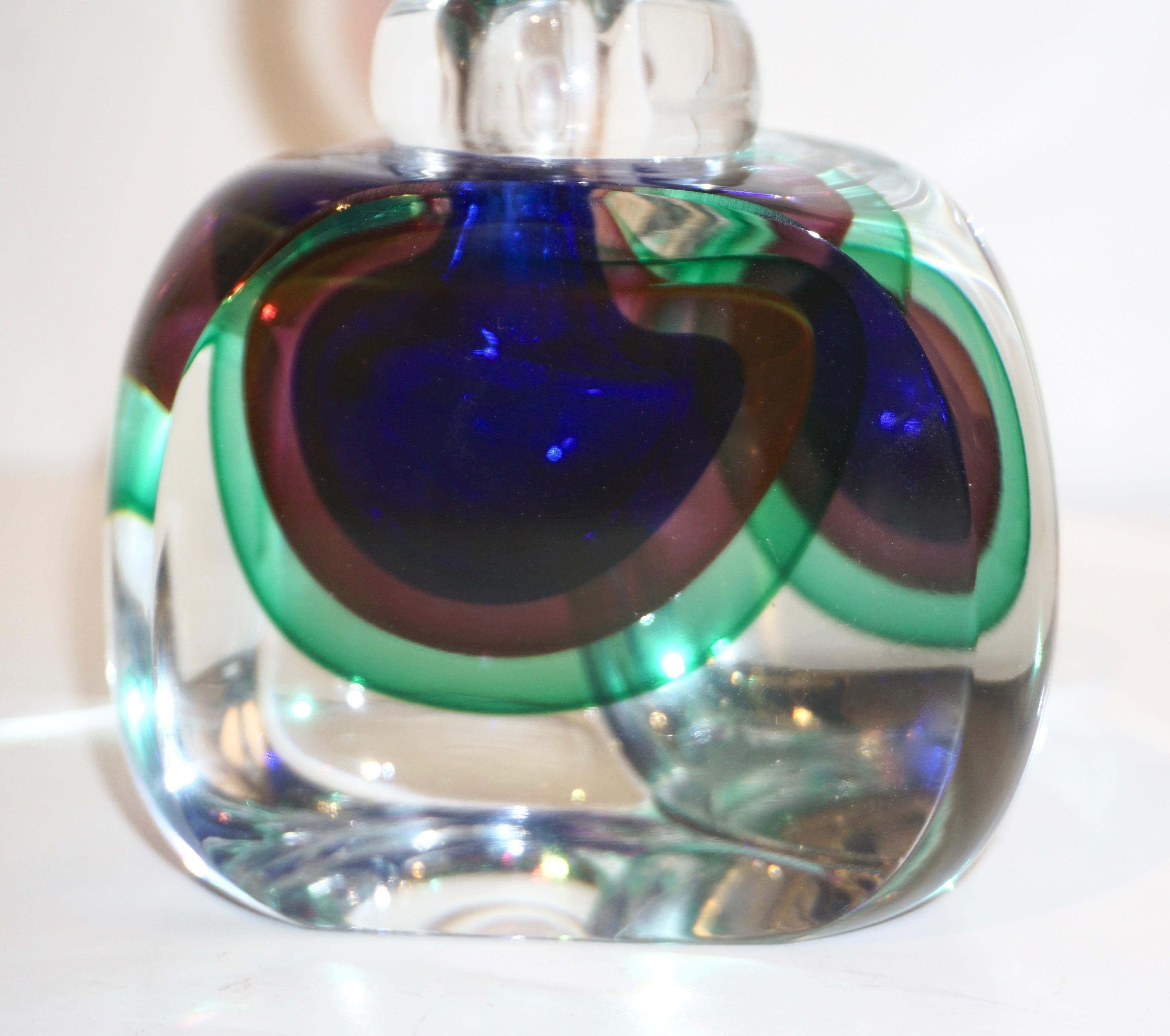 Formia 1990s Modern Italian Blue Green Purple Murano Glass Triangular Bottle In Excellent Condition In New York, NY