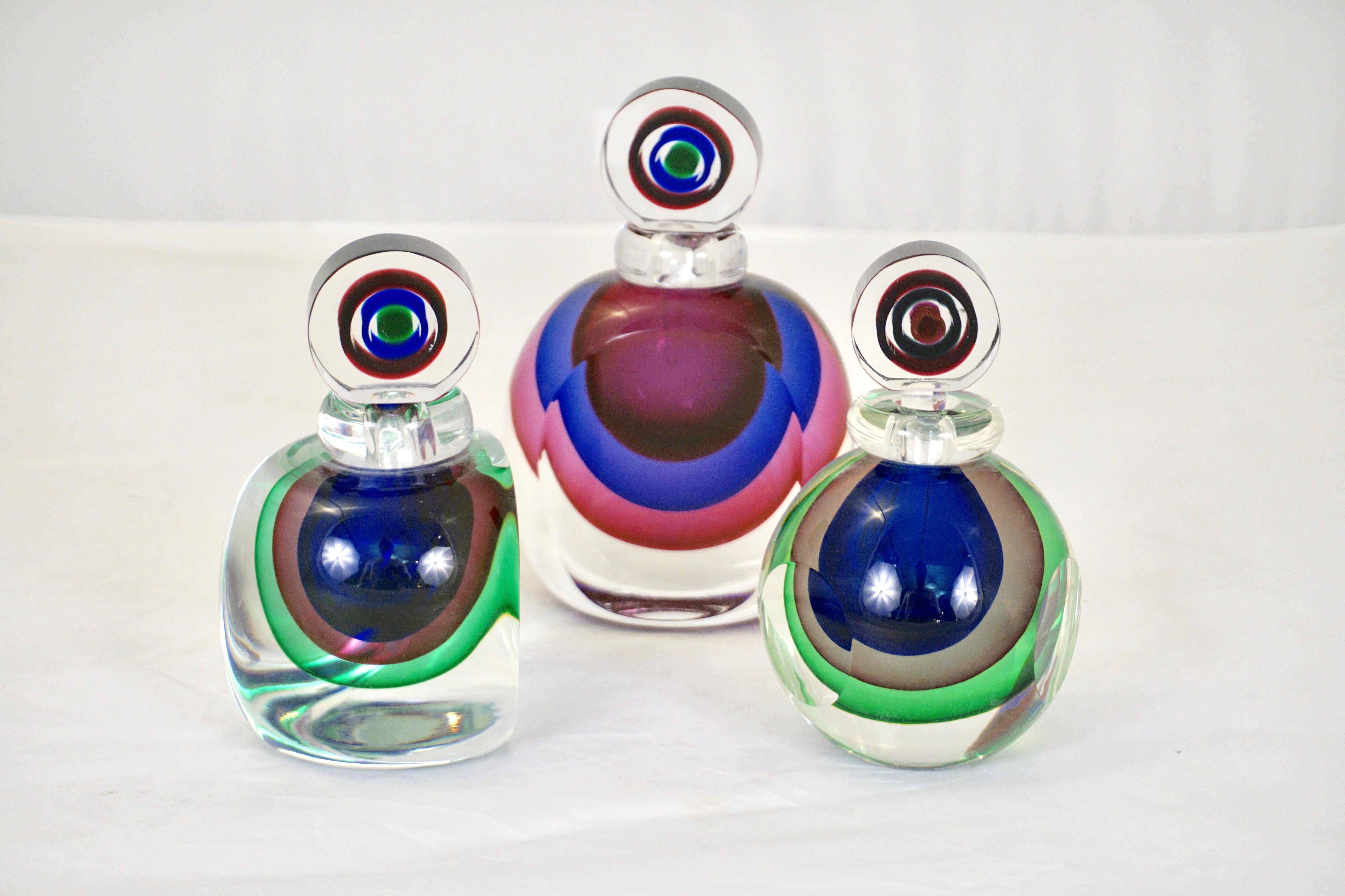 Late 20th Century Formia 1990s Modern Italian Blue Green Purple Murano Glass Triangular Bottle