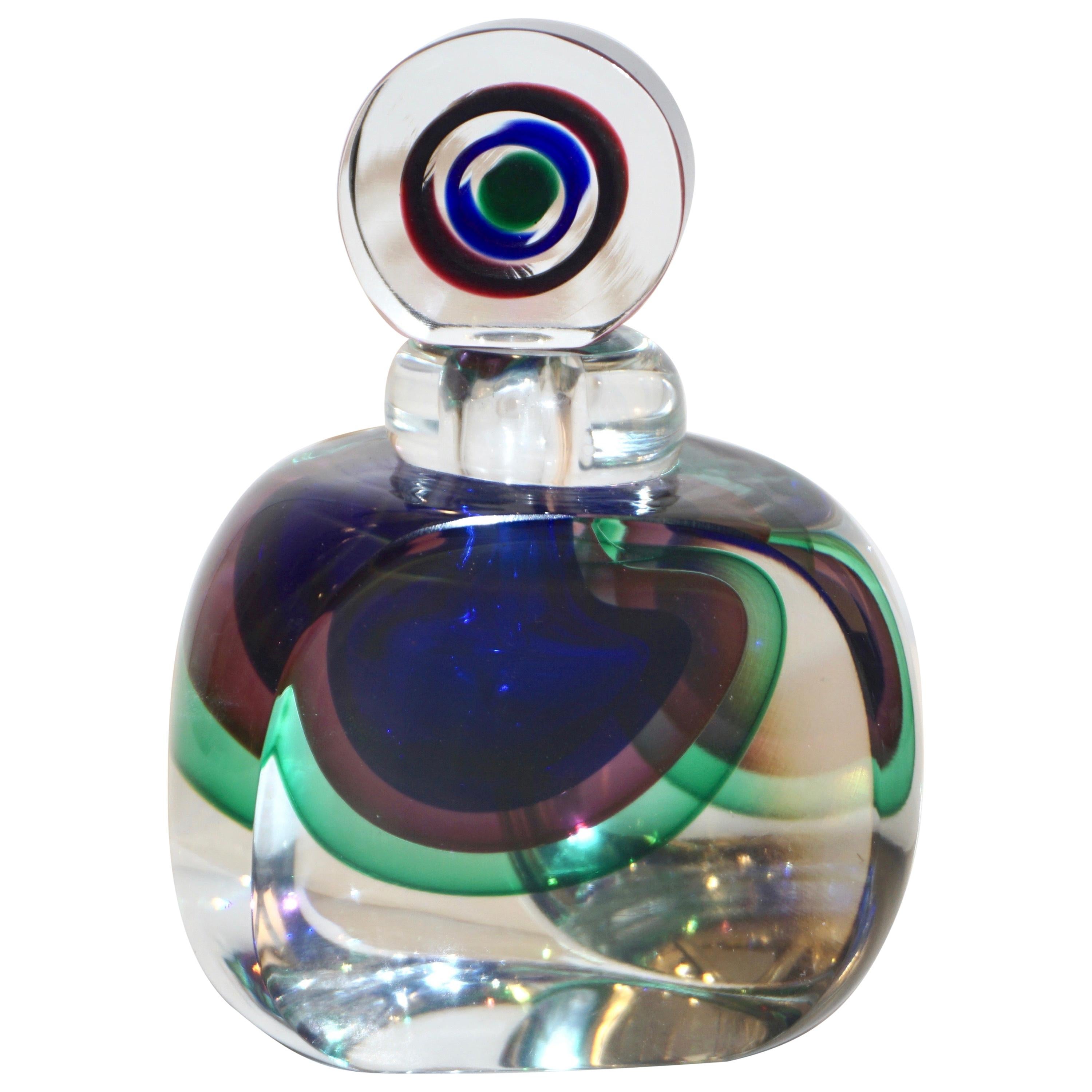 Formia 1990s Modern Italian Blue Green Purple Murano Glass Triangular Bottle