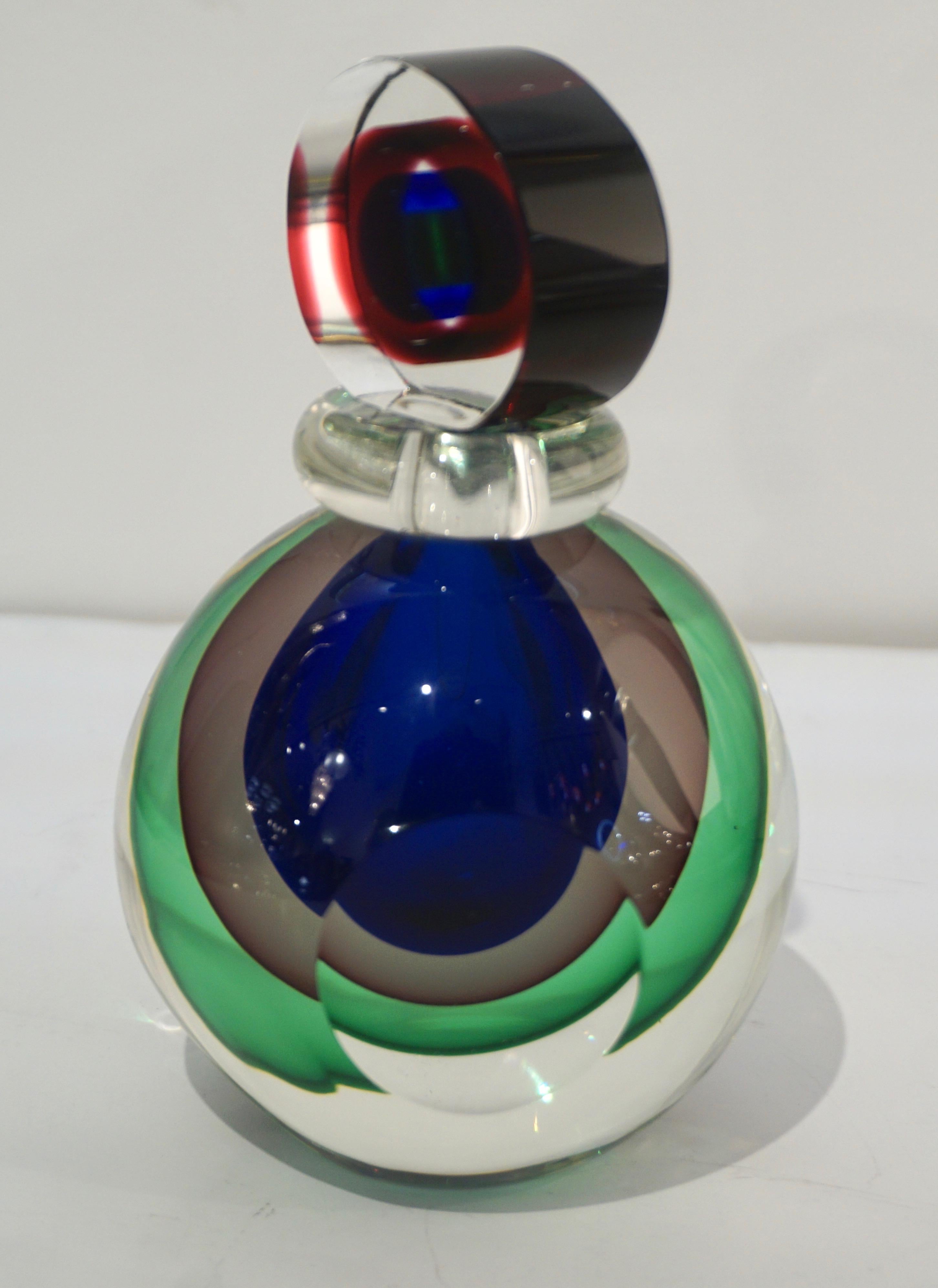 Formia 1990 Modern Italian Organic Green Blue Amethyst Murano Glass Round Bottle In Excellent Condition In New York, NY