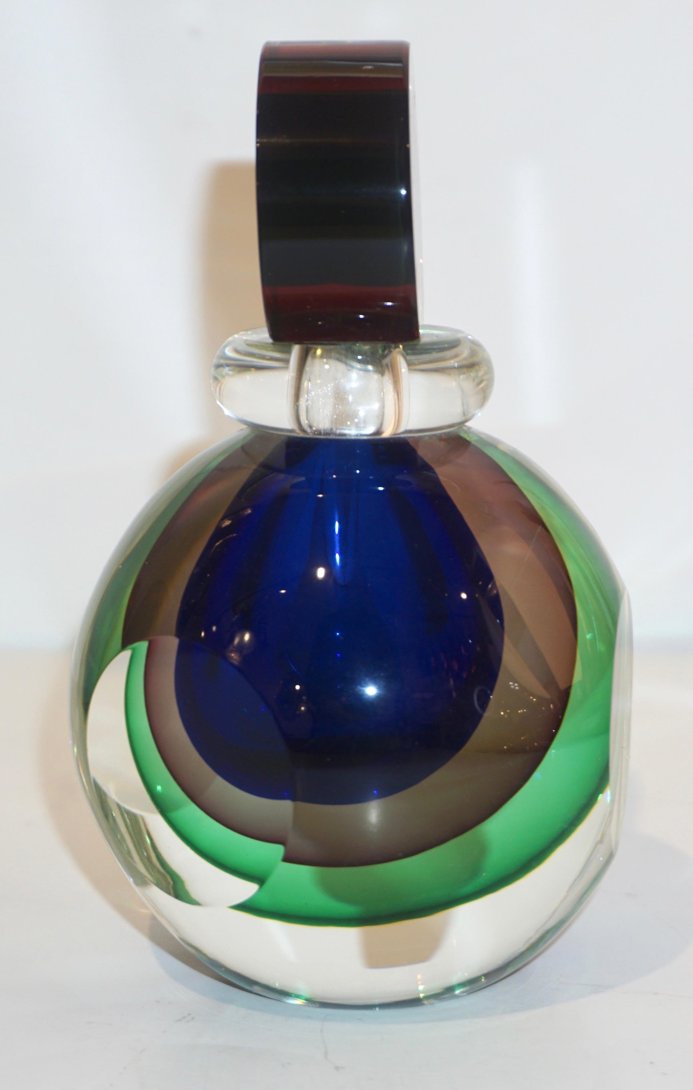 Late 20th Century Formia 1990 Modern Italian Organic Green Blue Amethyst Murano Glass Round Bottle