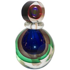 Vintage Formia 1990 Modern Italian Organic Green Blue Amethyst Murano Glass Round Bottle