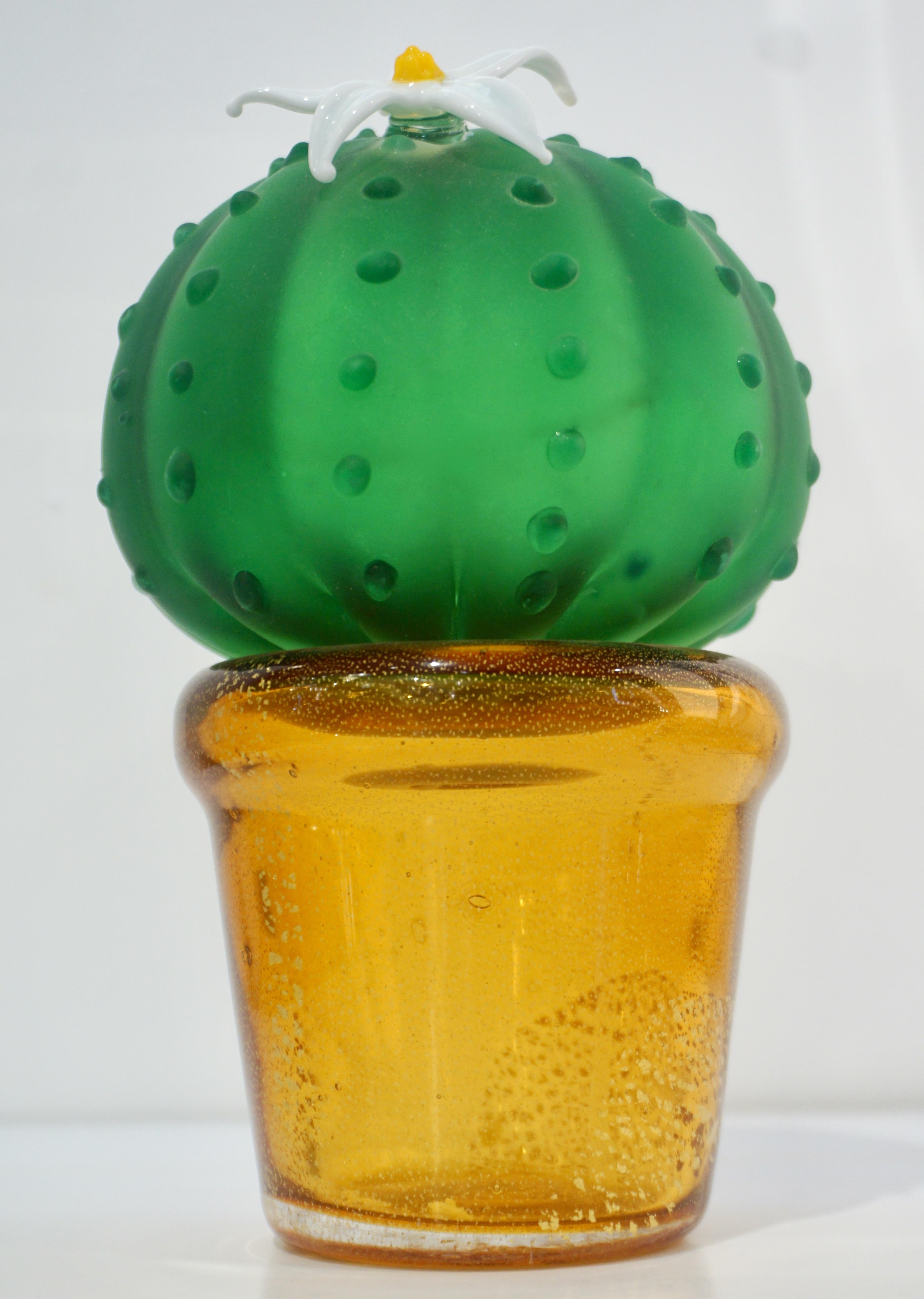 Organic Modern Formia 1990s Vintage Italian Green Murano Glass Cactus Plant with White Flower For Sale