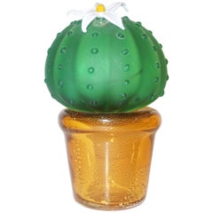 Formia 1990s Vintage Italian Green Murano Glass Cactus Plant with White Flower