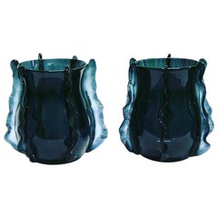 Formia 2009 Italian Pair of Organic Avio Blue Murano Glass Modern Vases