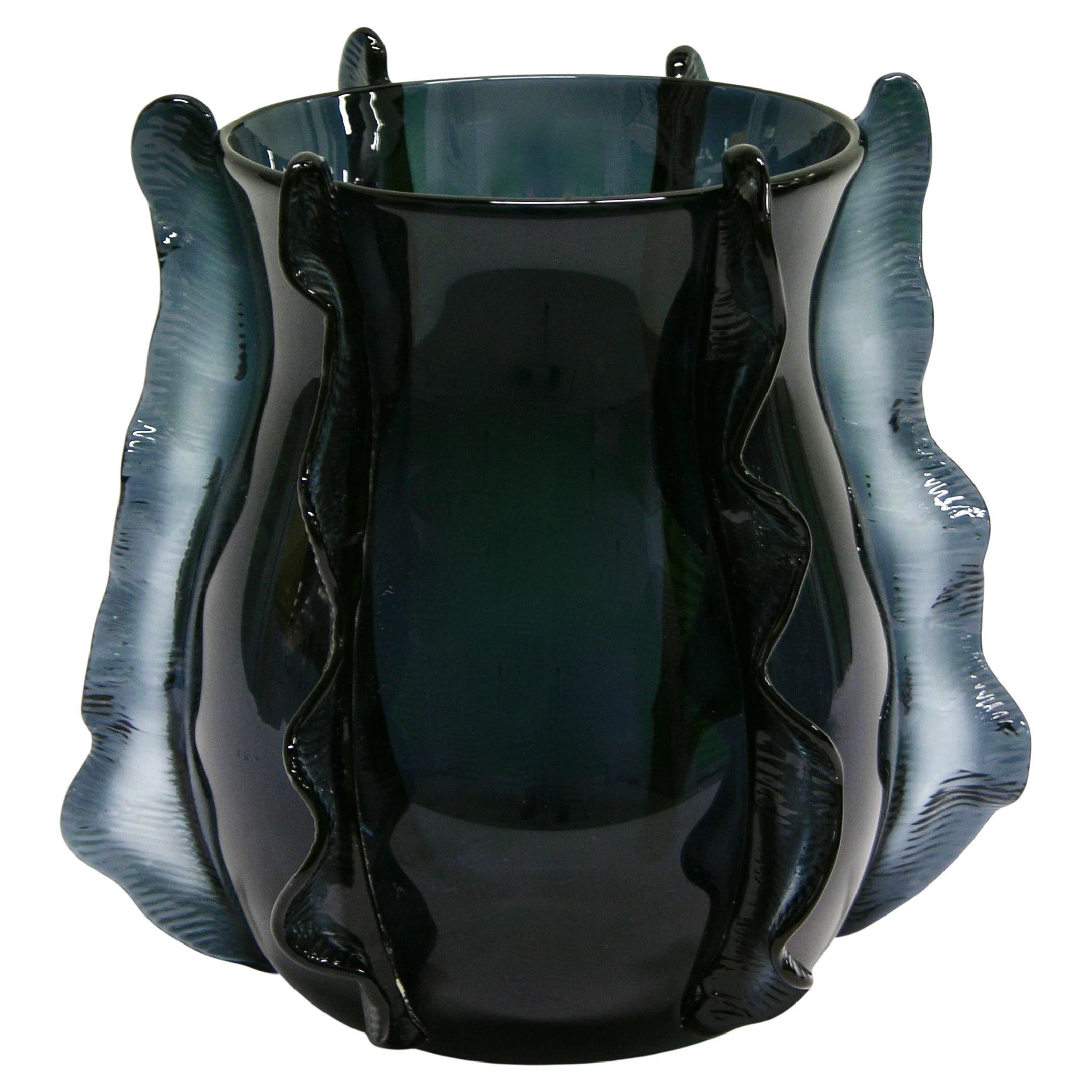 Formia 2009 Italian Organic Avio Navy Blue Murano Glass Curved Modern Vase