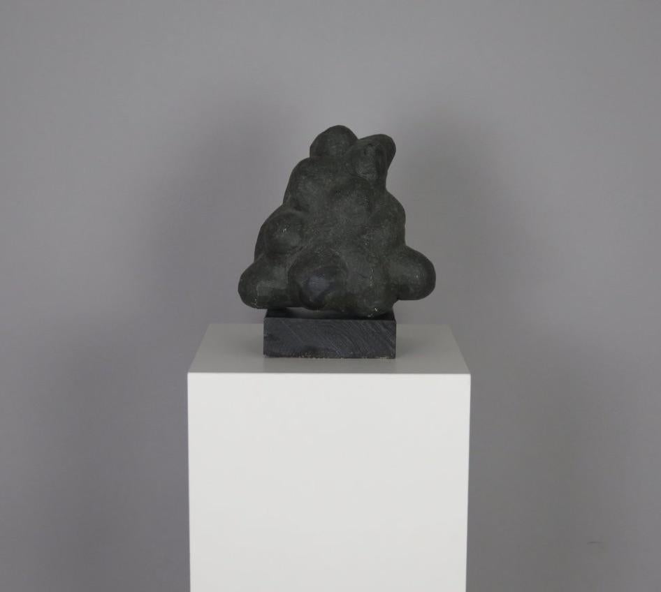 'Formia' Black Granite Sculpture on Rustic Wood Base by Ole Monster Herold. Denmark, contemporary. Signed by the artist.