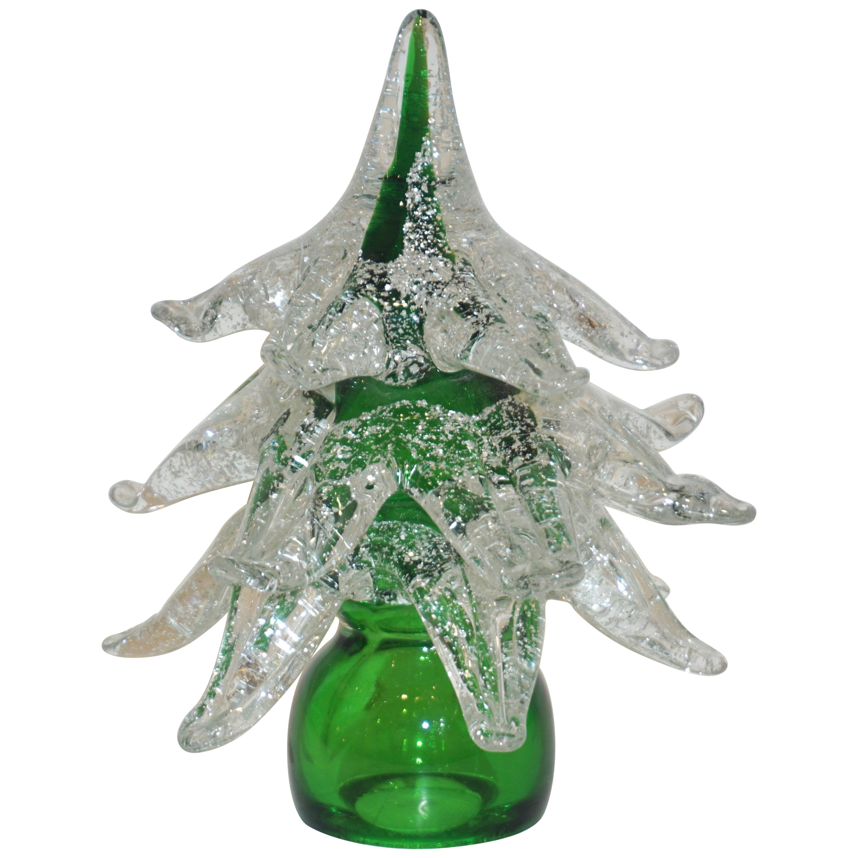 Formia Italian Vintage Green and Silver Murano Glass Christmas Tree Sculpture