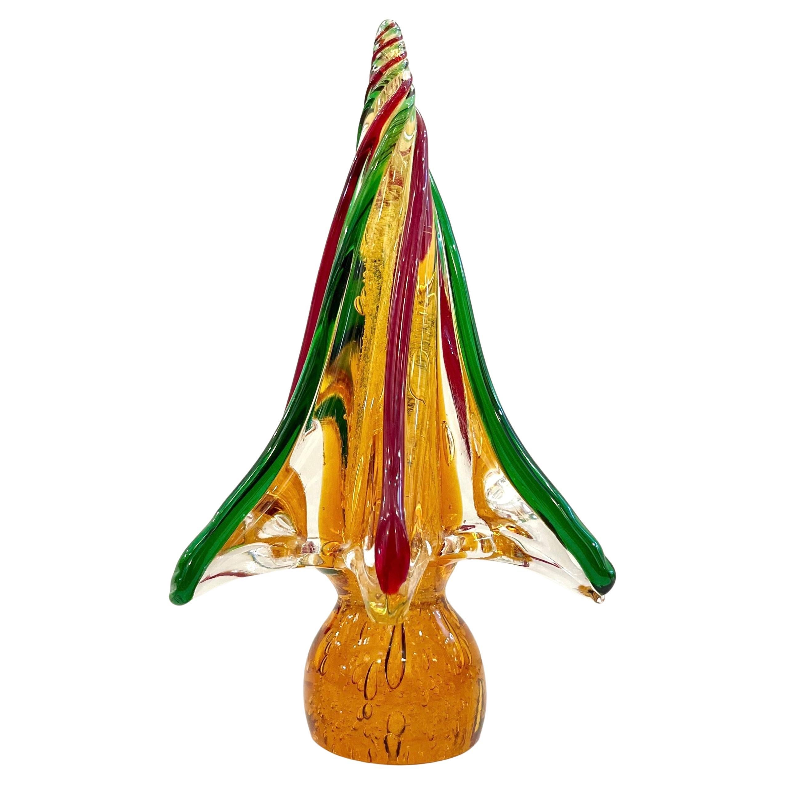 Formia Italian Vintage Red Green Amber Murano Glass Christmas Tree Sculpture For Sale