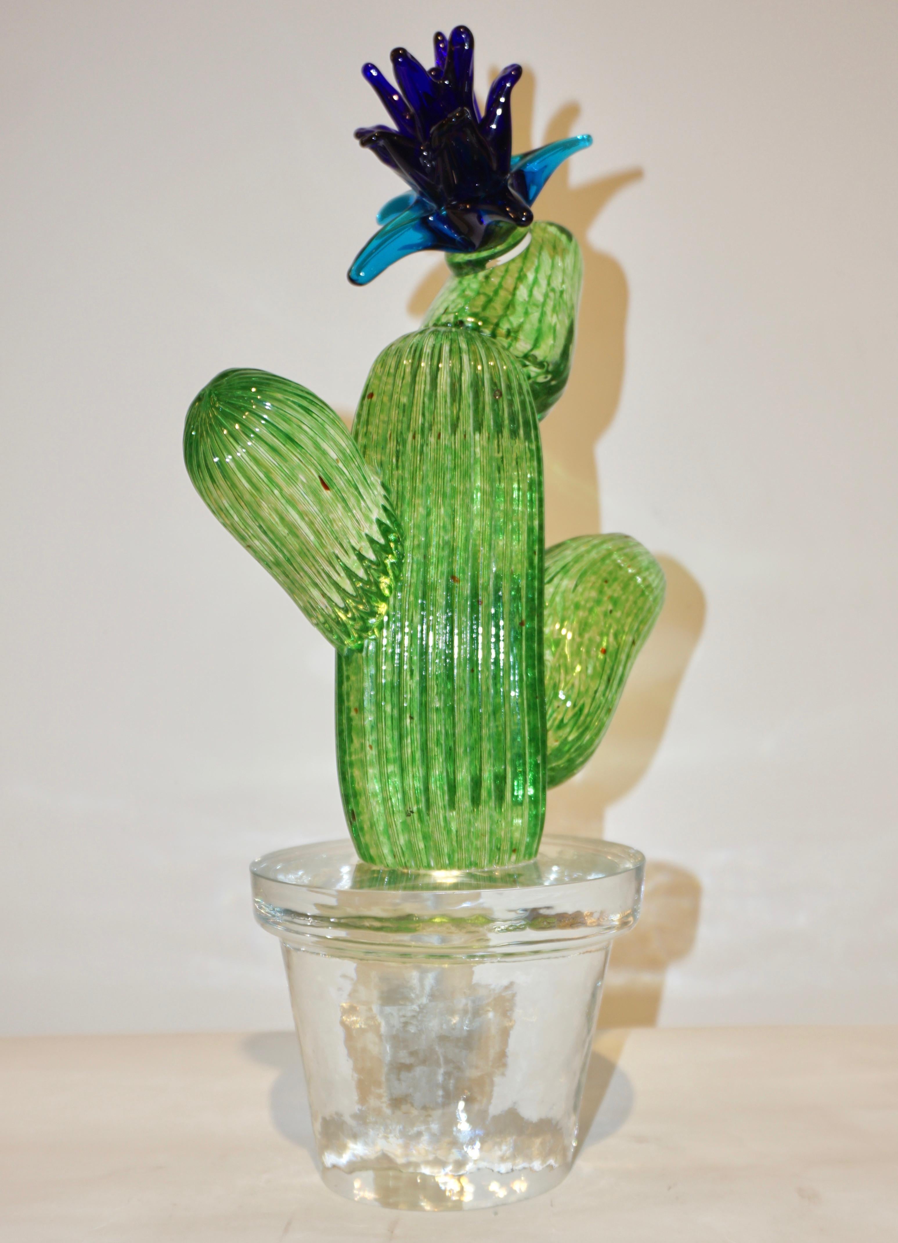 Hand-Crafted Formia Marta Marzotto Vintage Limited Edition Murano Glass Blue Cactus Plant